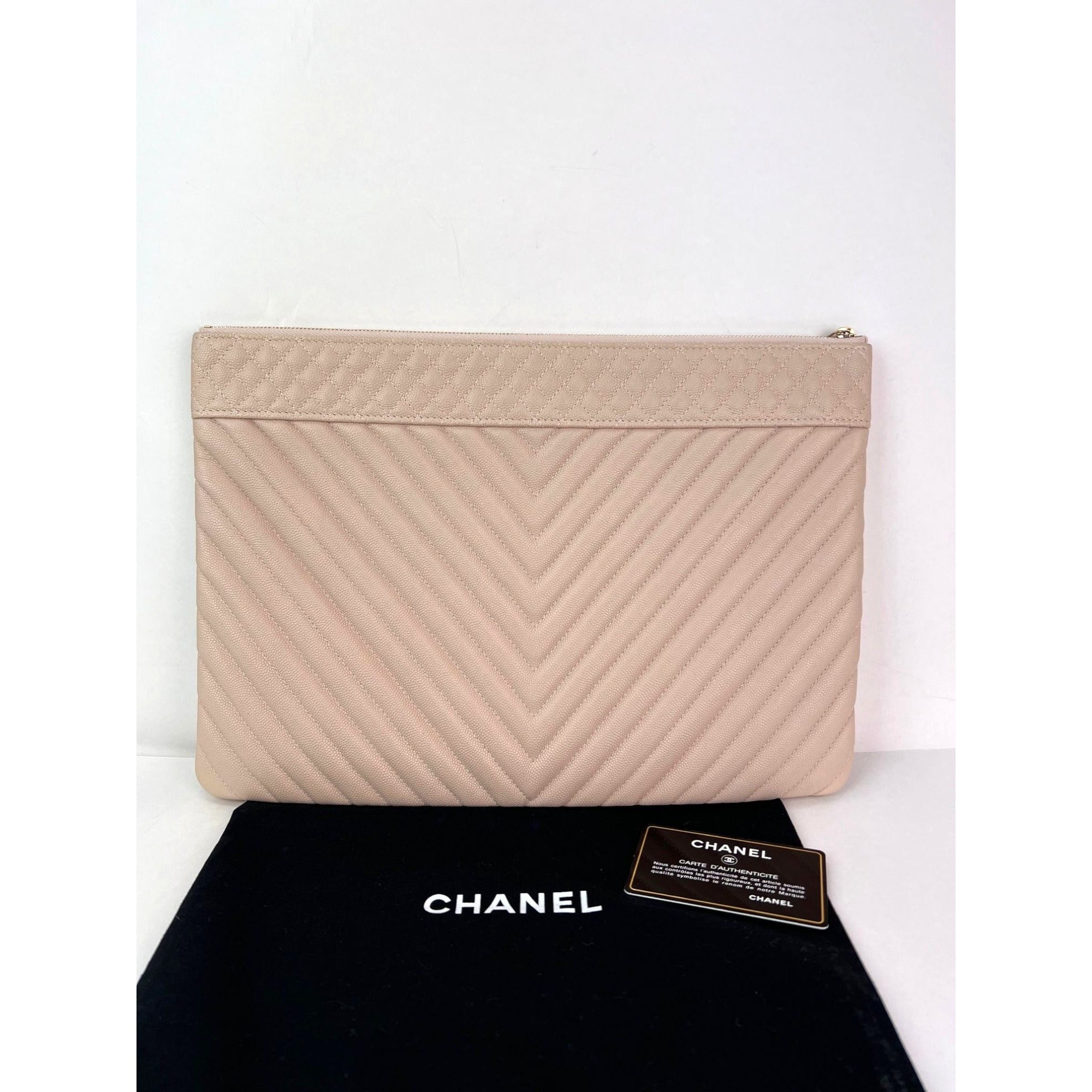 Chanel Caviar Chevron Quilted Large Beige Leather Cosmetic Clutch Bag - 2
