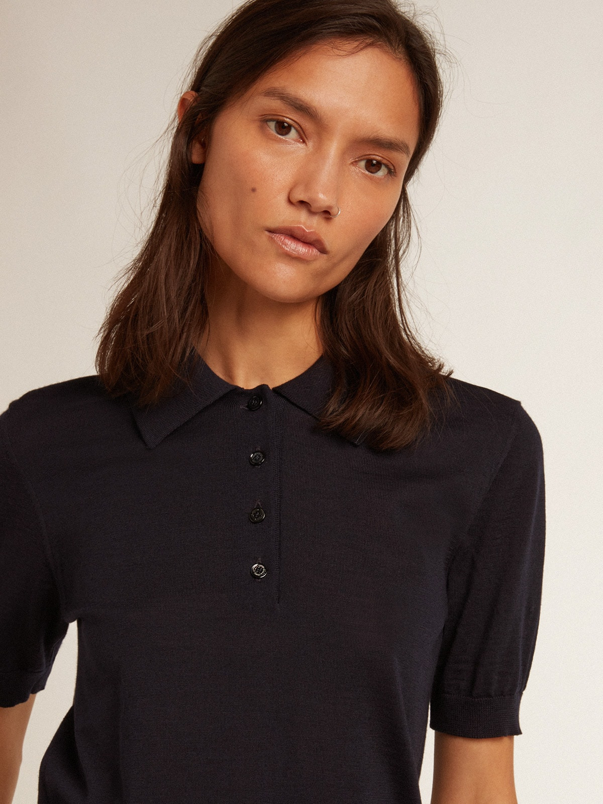 Women’s polo shirt in navy-blue merino wool - 5