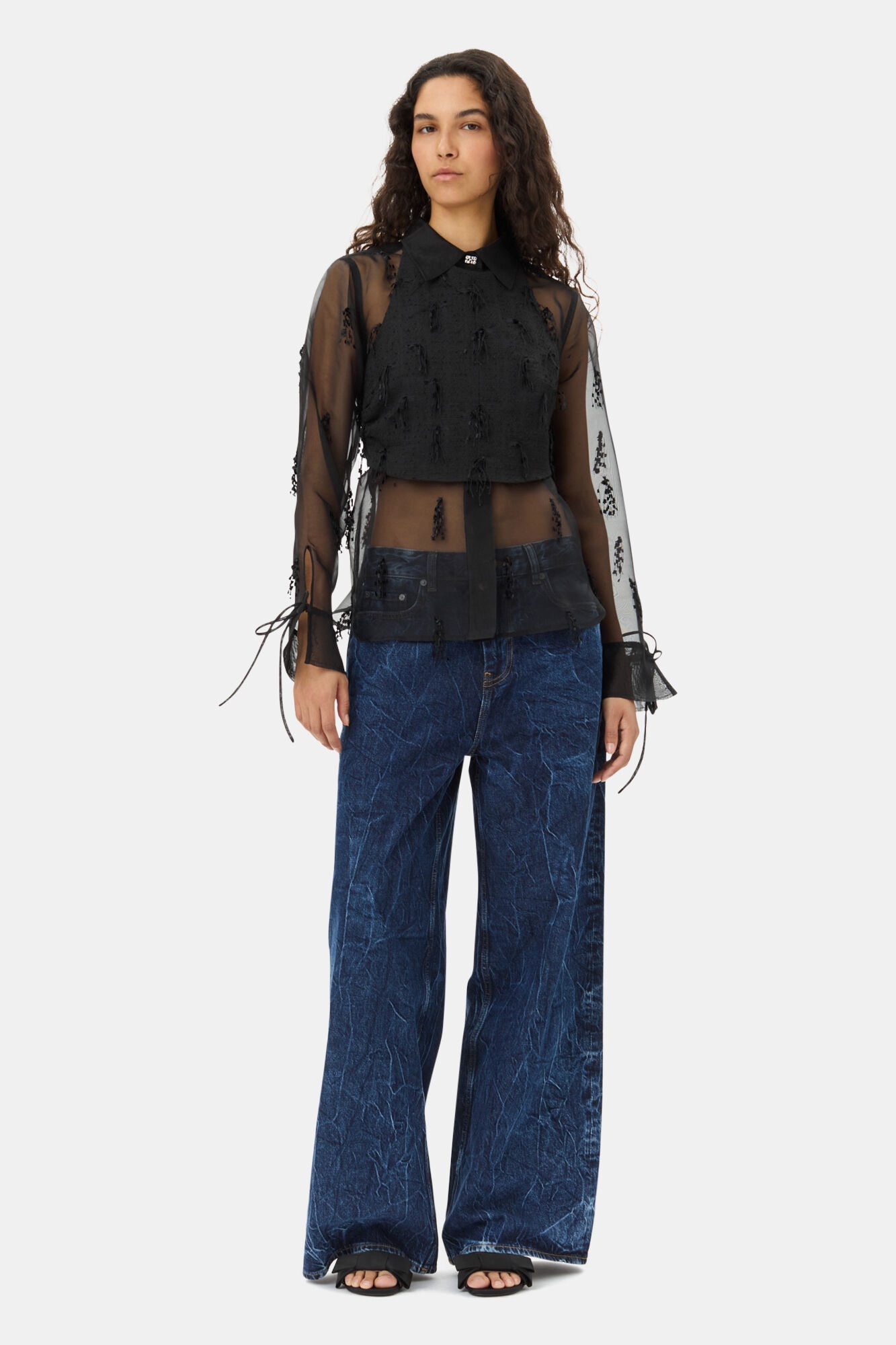 BLACK FRINGED ORGANZA SHIRT - 3