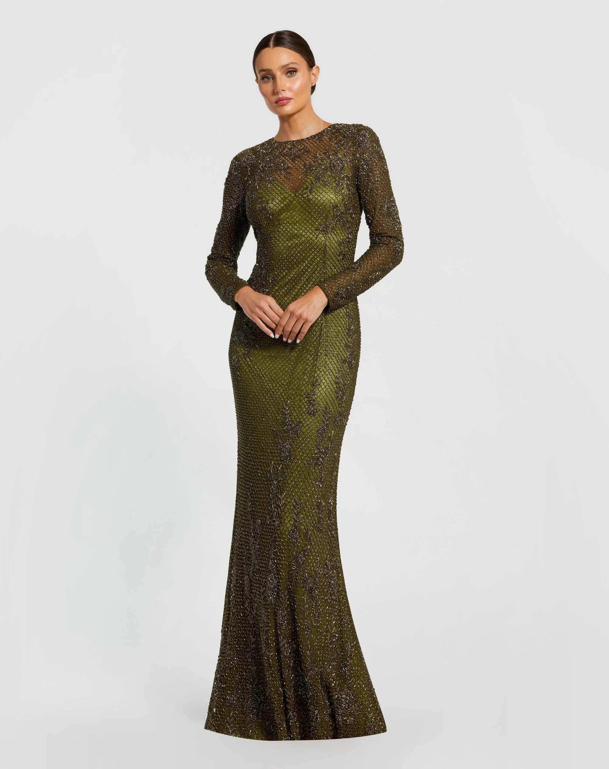 Olive High Neck Long Sleeve Beaded Column Gown - 1