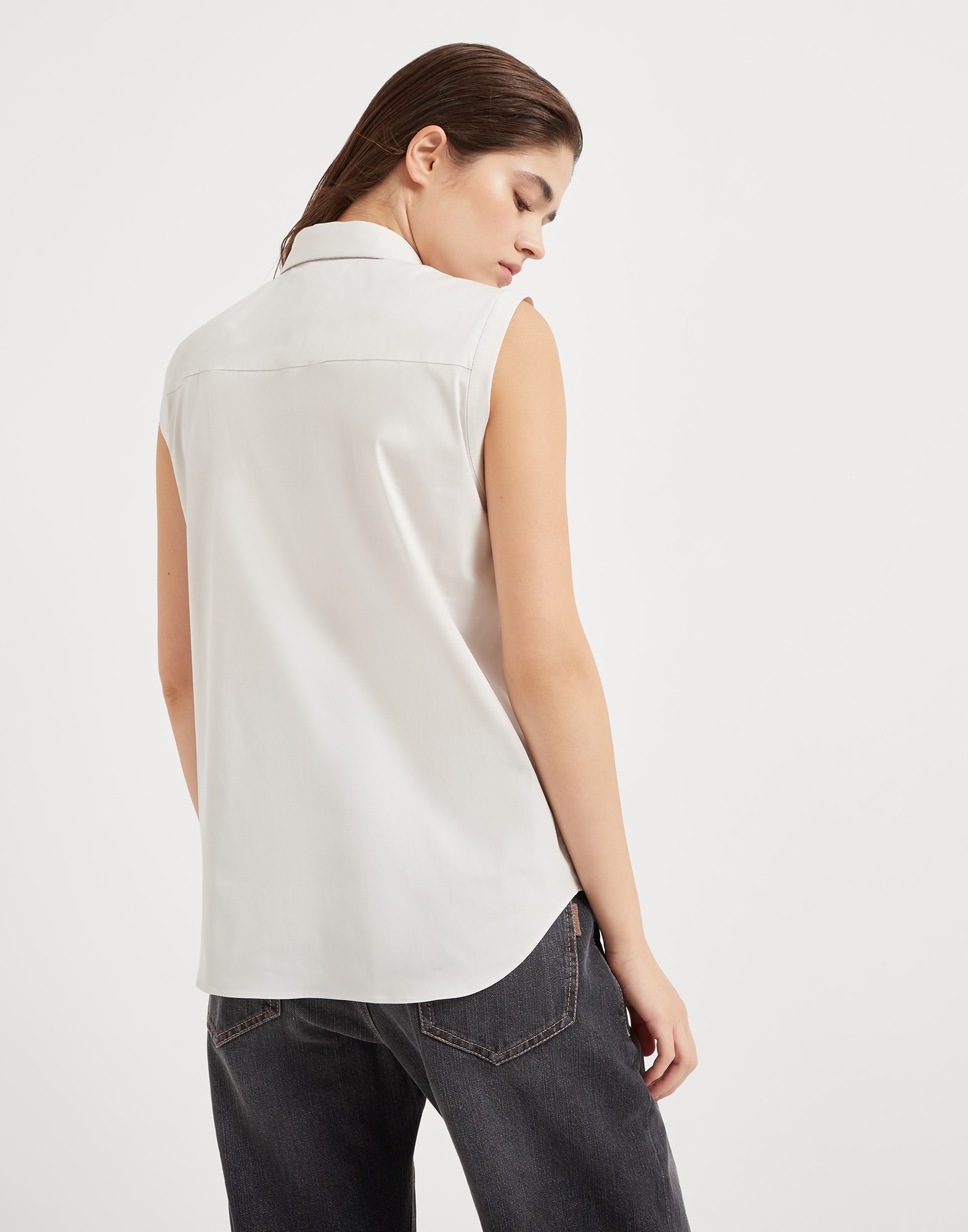 Stretch cotton poplin sleeveless shirt with shiny trim - 2