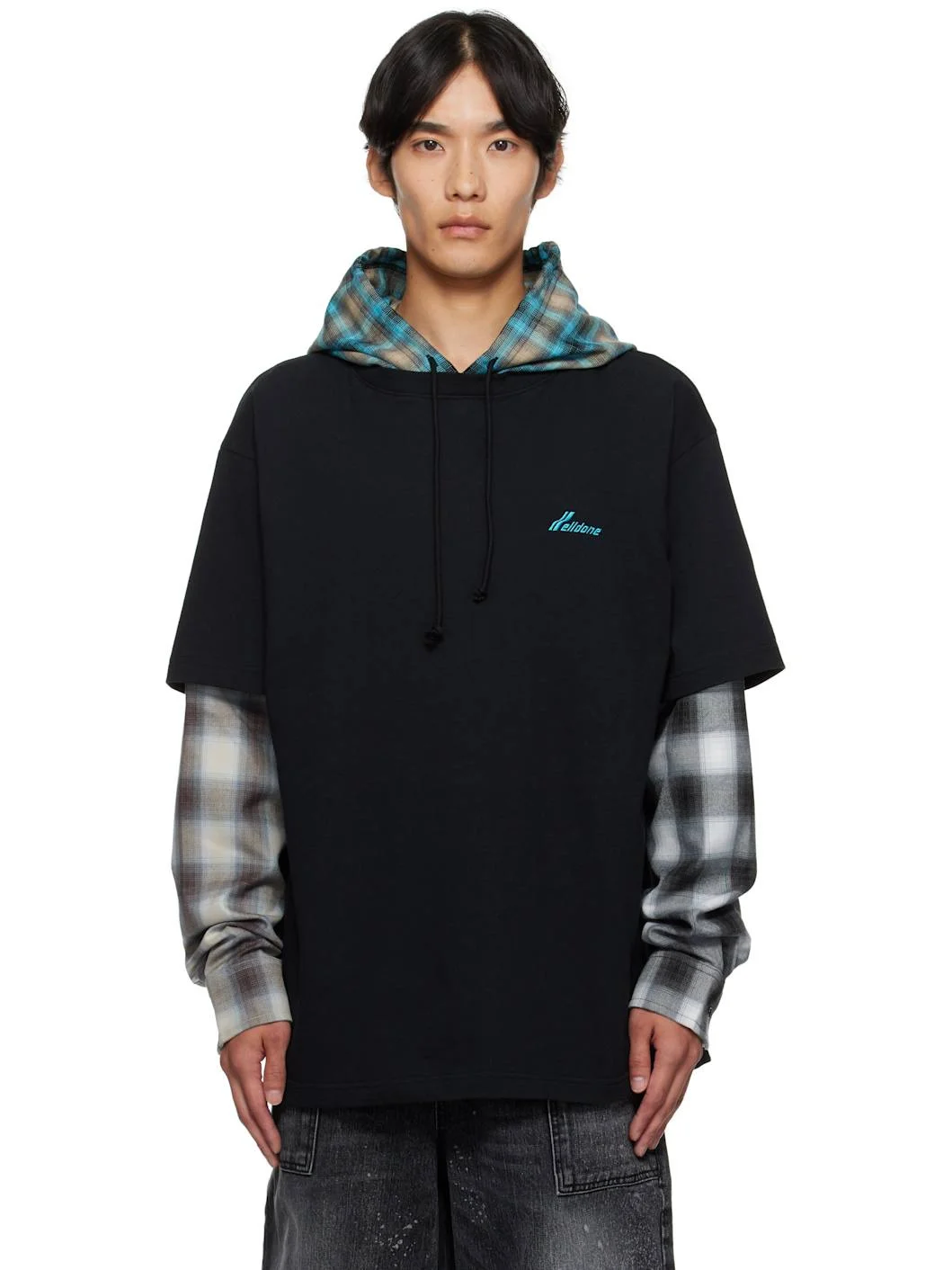 Black Checkered Layered Hoodie - 1