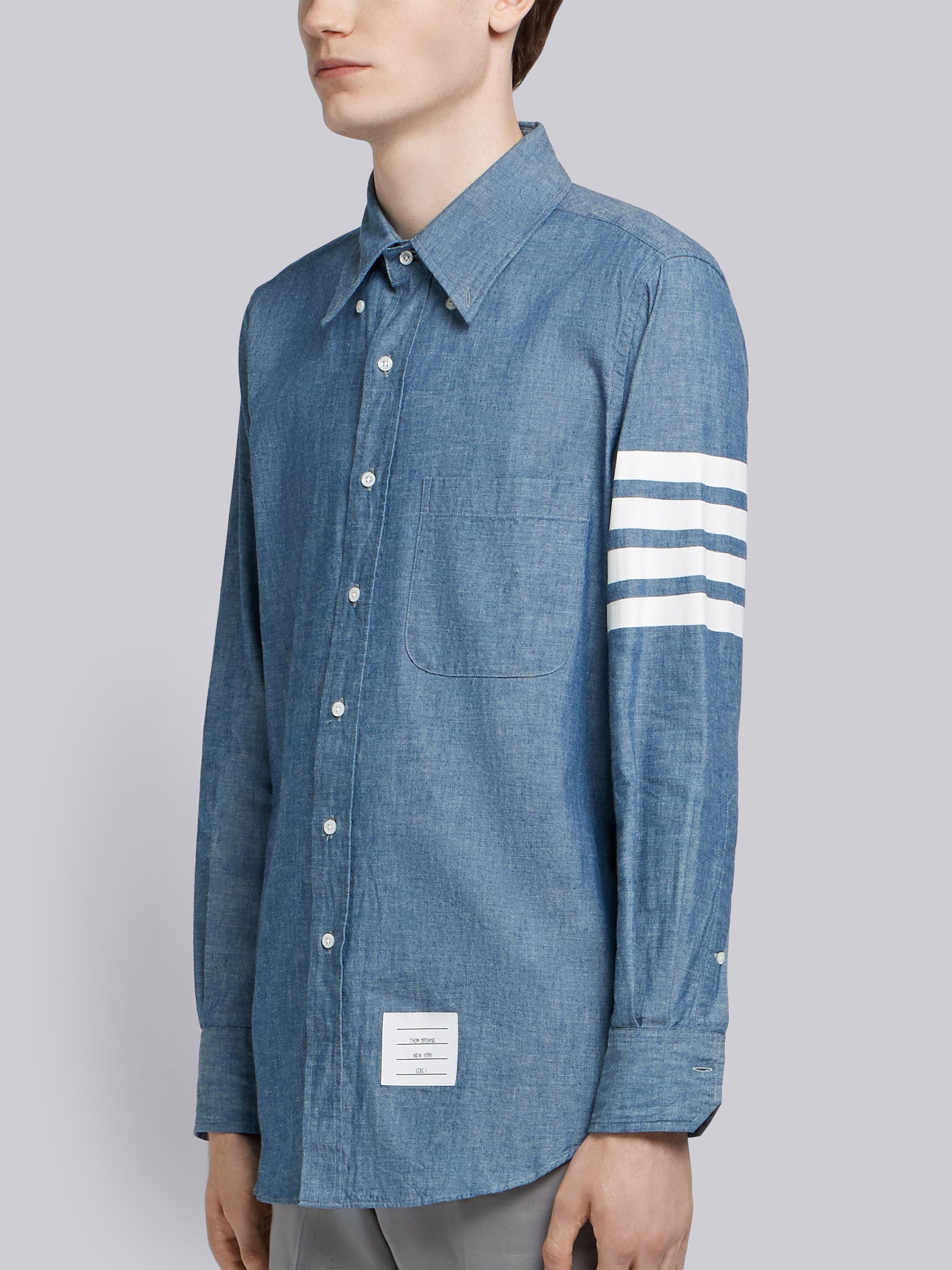 Blue Chambray Printed 4-bar Nametag Straight Fit Shirt - 3