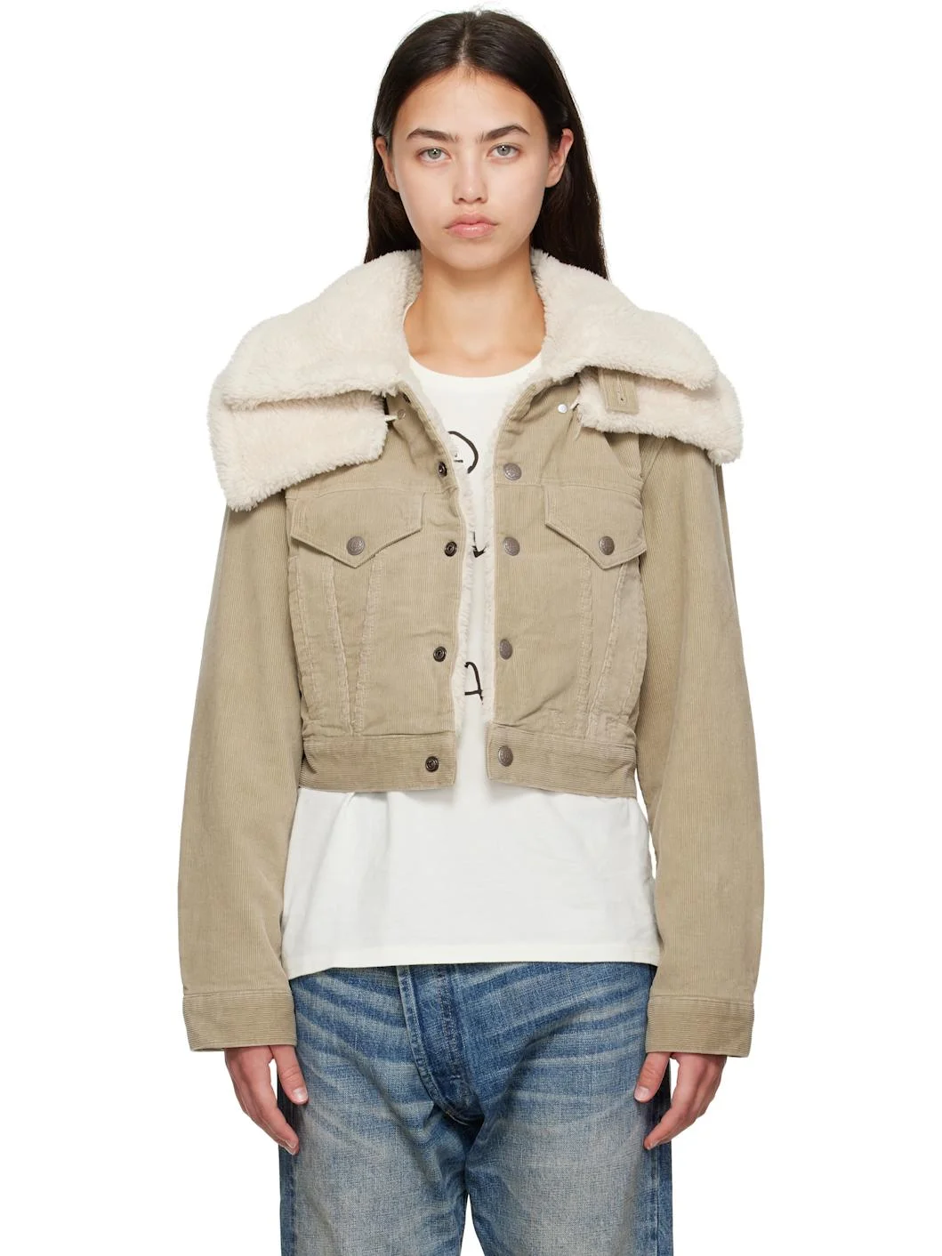 Taupe Double Collar Sherpa Trucker Jacket - 1