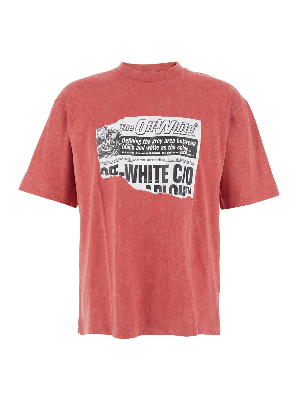 Off-White Men Red Crewneck T-Shirt With Print On Front And Rear And Faded Effect In Cotton Man - 1