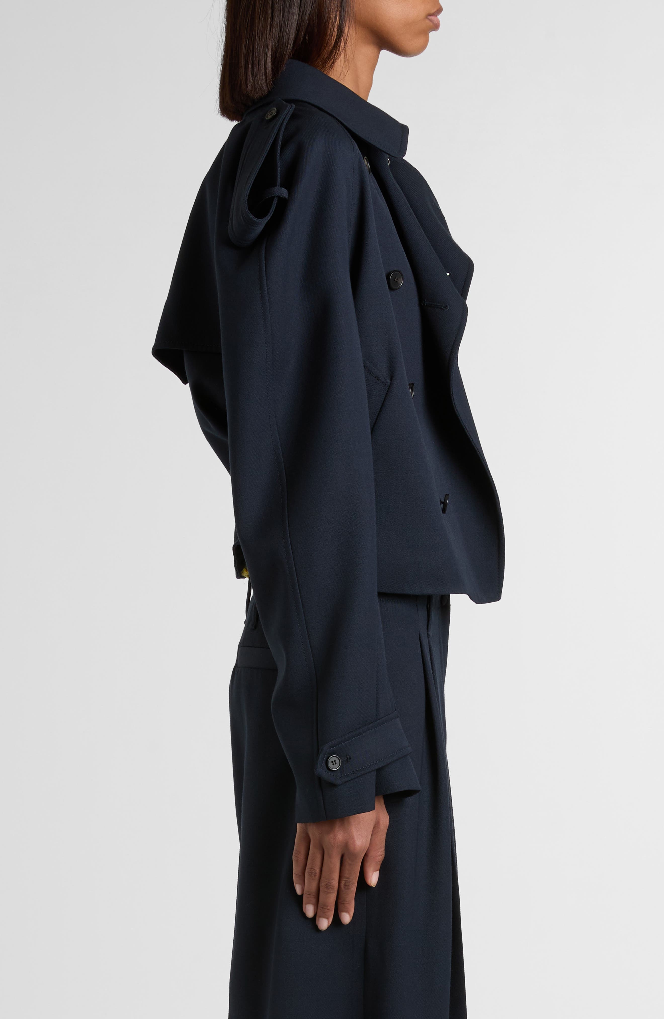 McQueen Double Breasted Wool & Cotton Crop Trench Coat in Navy at Nordstrom - 4