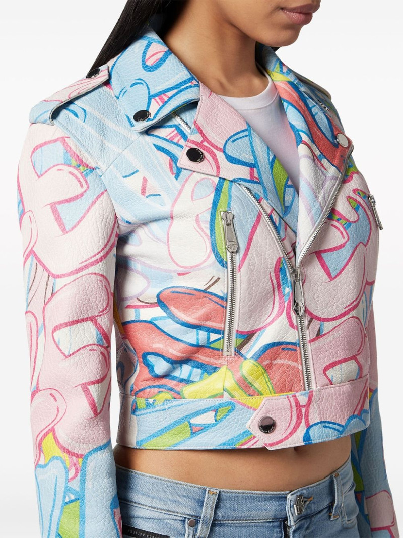 graffiti-logo cropped leather biker jacket 4