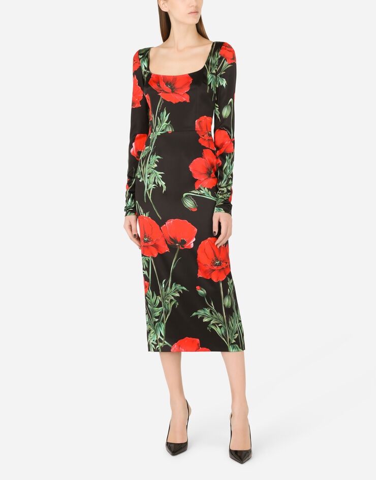 Satin calf-length dress with poppy print - 6