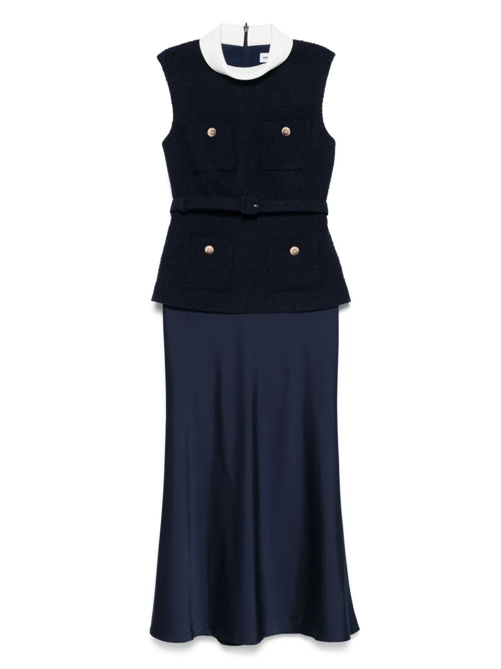 Self-Portrait Women Navy Boucle Sleeveless Midi Dress - 1