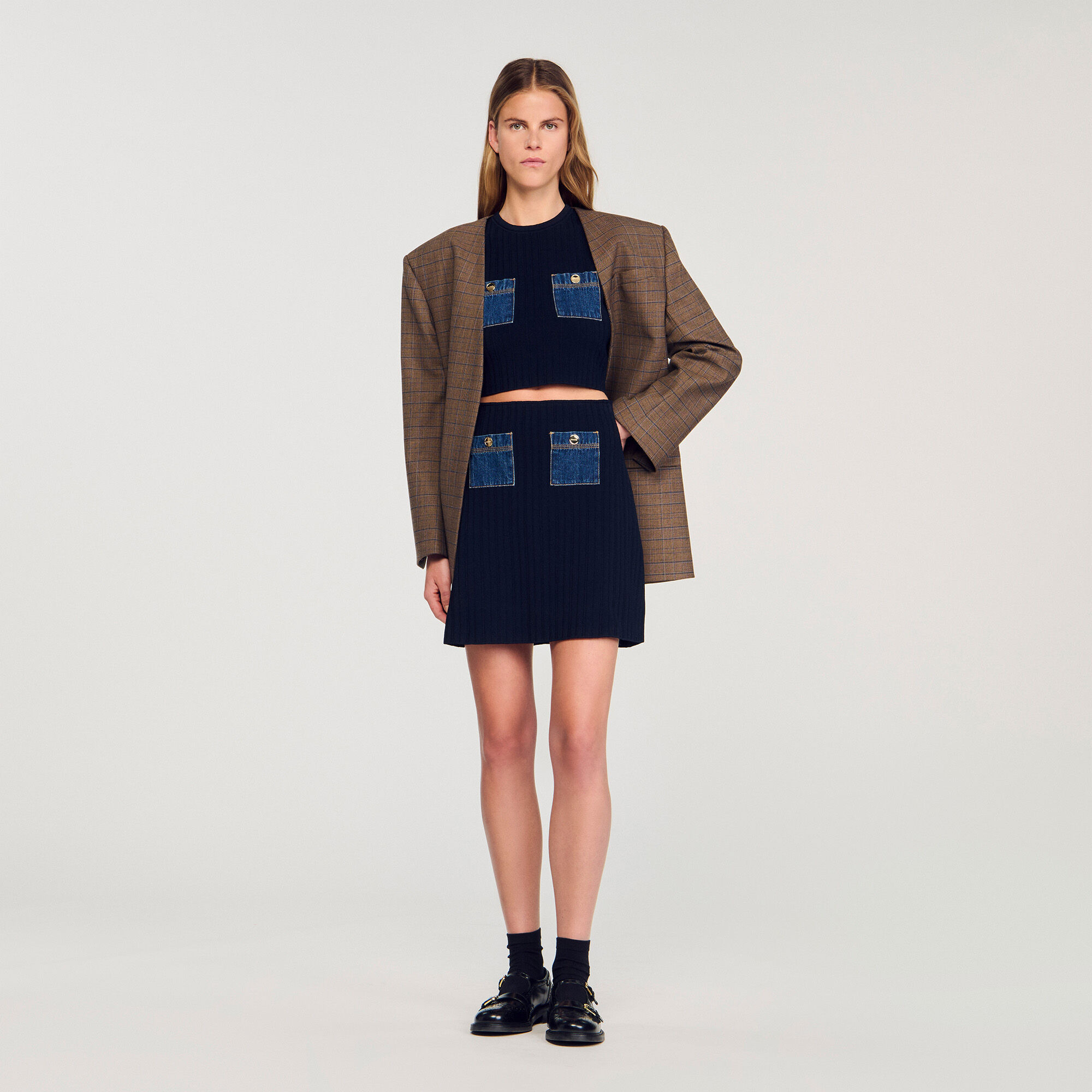 MINI KNIT AND DENIM SKIRT - 1