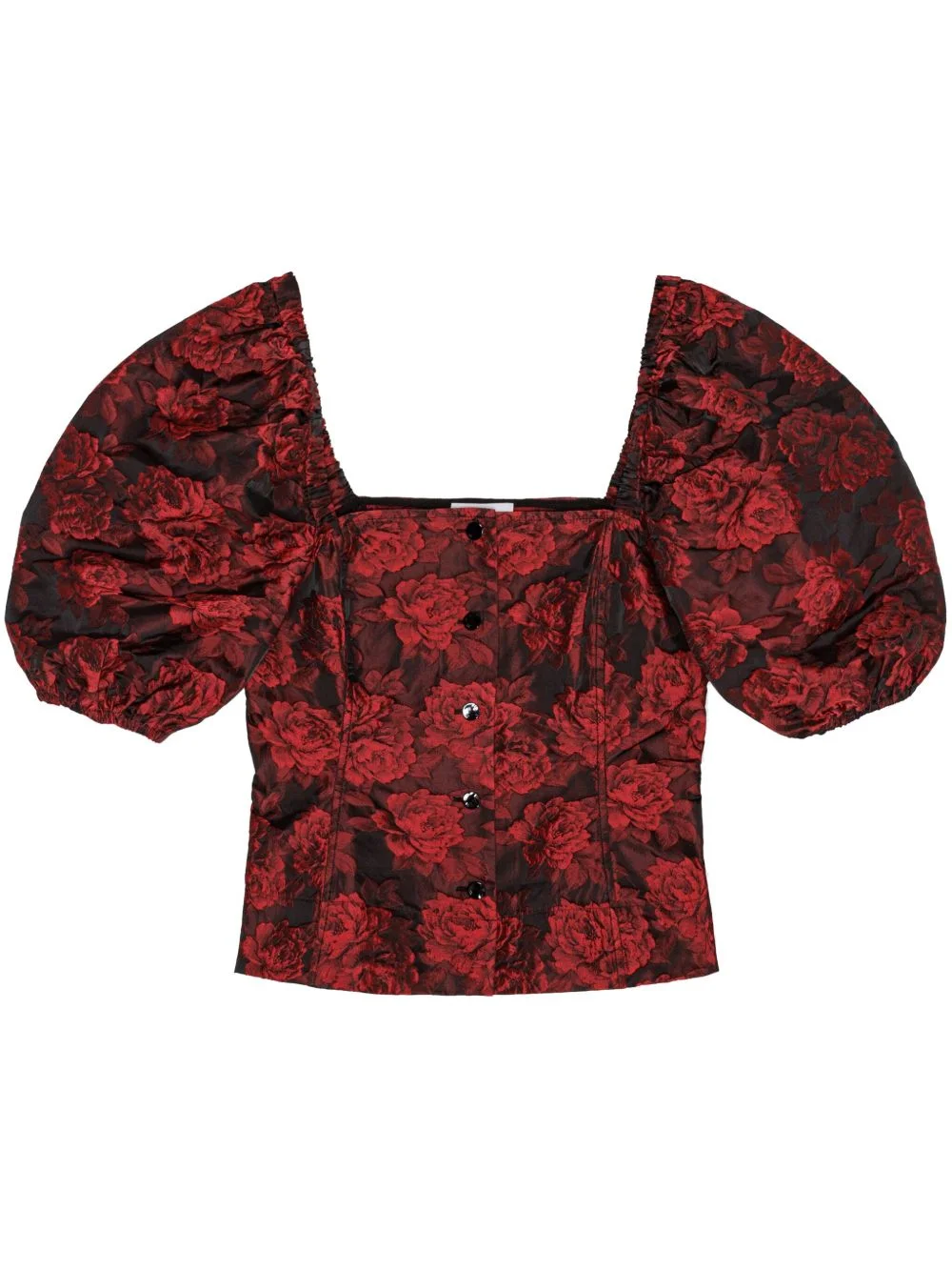 botanical-print short puff-sleeve cropped top - 1