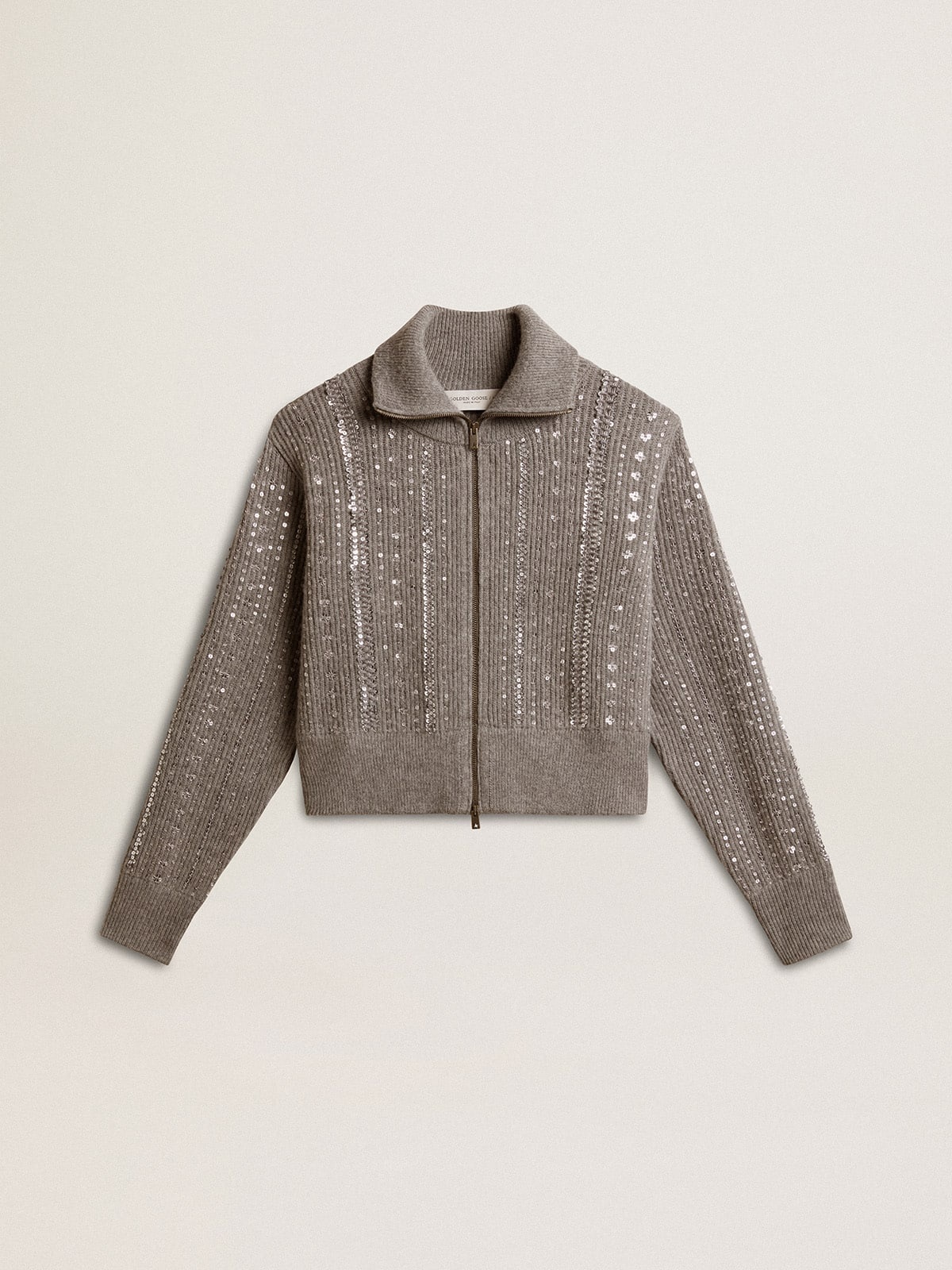 Women's cropped sweater in gray melange wool with sequins - 1