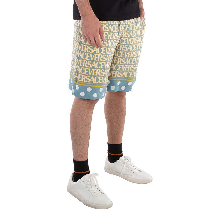 Versace Men's Light Blue/Ivory All-Over Logo Print Shorts - 5