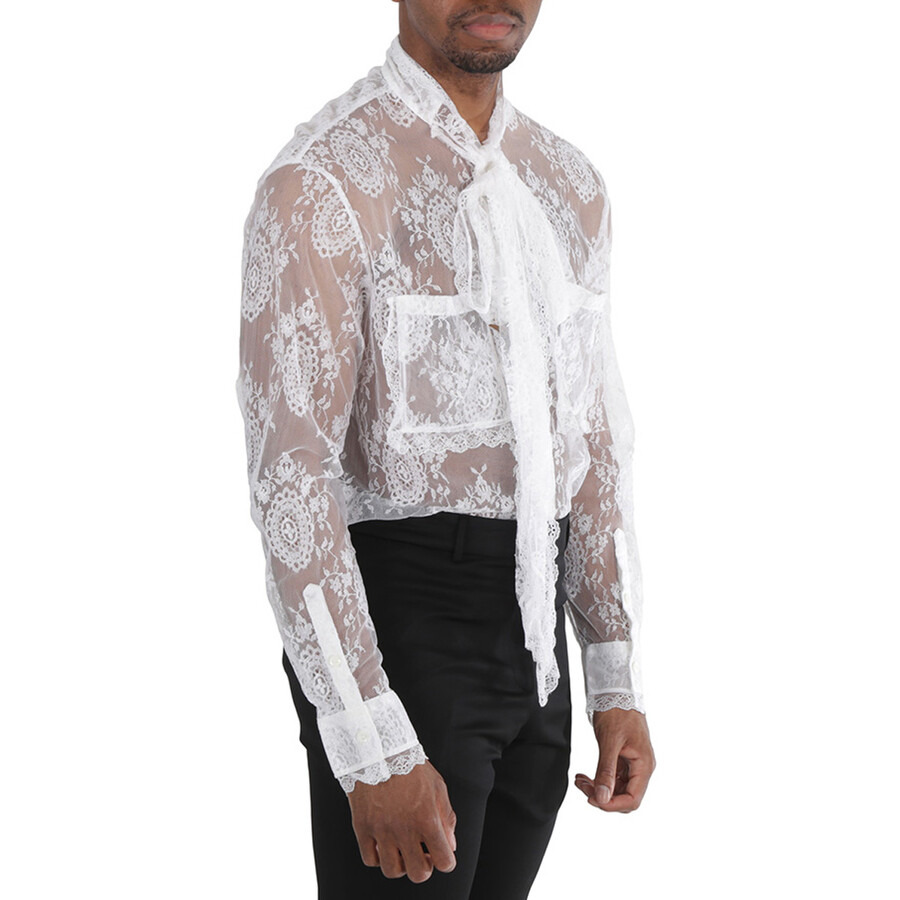 Burberry Optic White Oversized Tie-Neck Chantilly Lace Shirt - 5