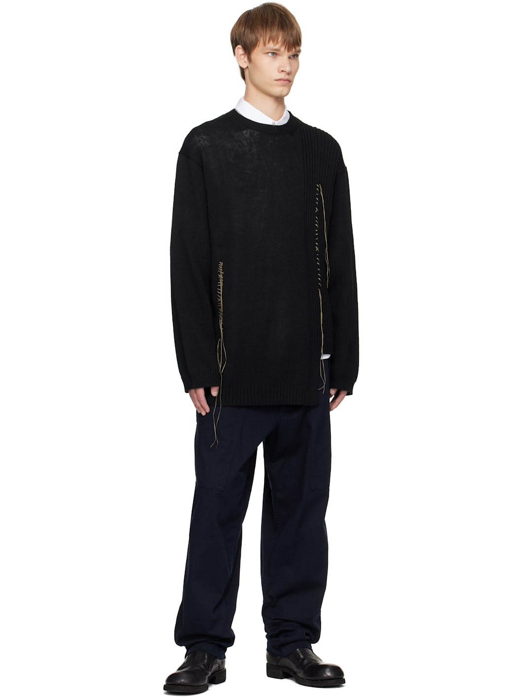 Black Plain Stitch Embroidery Round Neck Sweater - 4