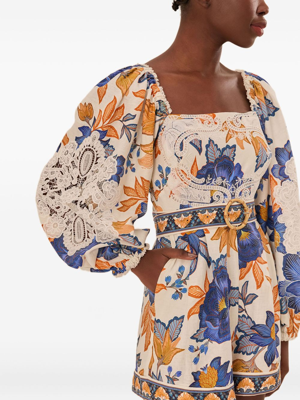 lace-trimmed floral playsuit - 3