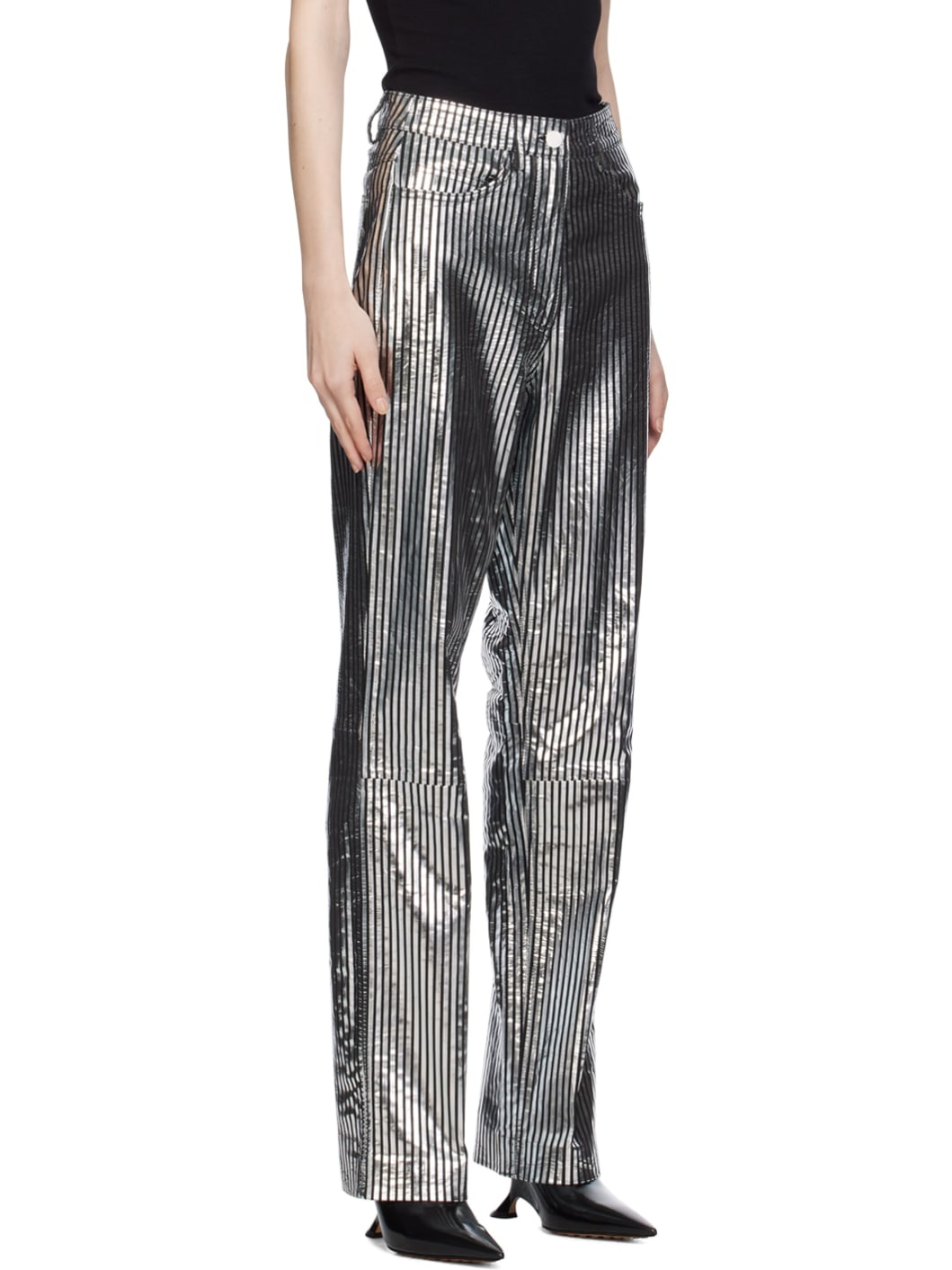 Black & Silver Striped Leather Pants - 2