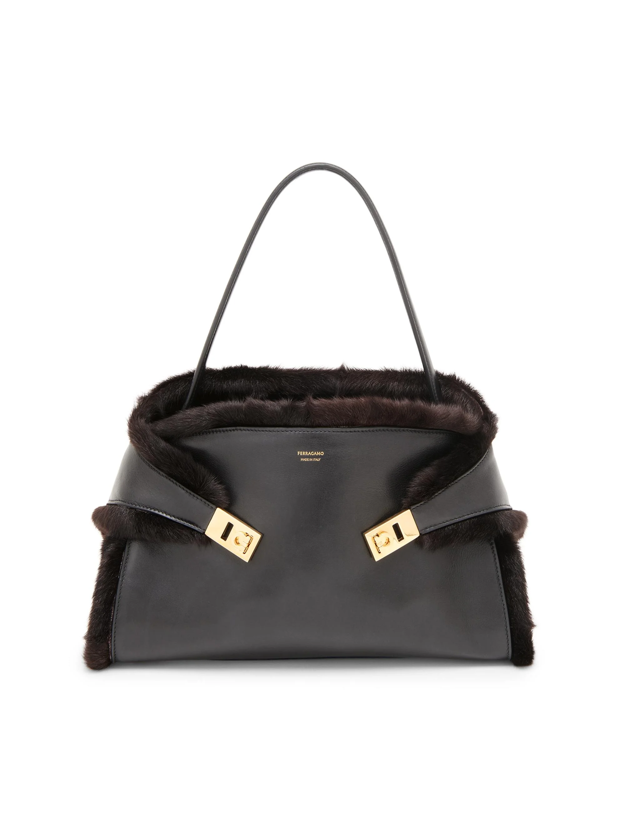 Women's Medium Hug Leather & Shearling Tote Bag - Nero - 1