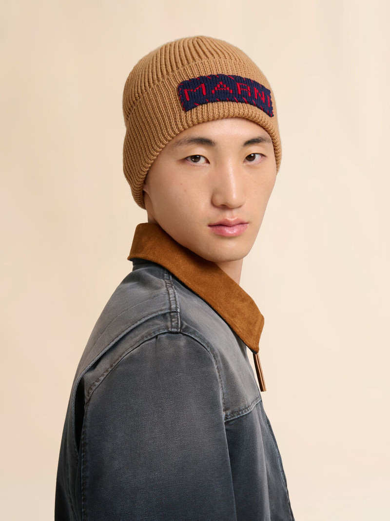 Marni TAN WOOL FISHERMAN'S RIB BEANIE WITH MARNI PATCH outlook