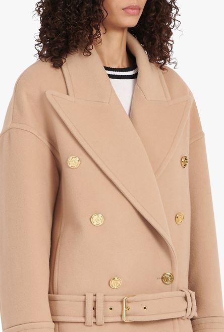Camel wool and cashmere pea coat with double-breasted gold-tone buttoned fastening - 8