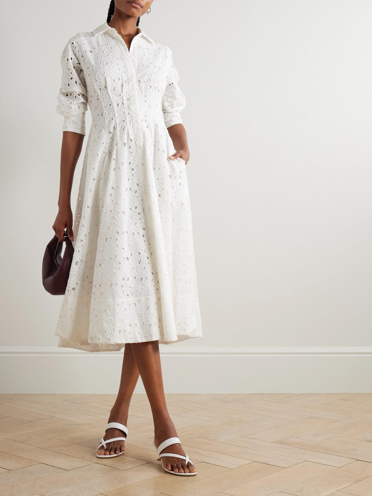 Jazz pleated broderie anglaise cotton midi shirt dress White - 2