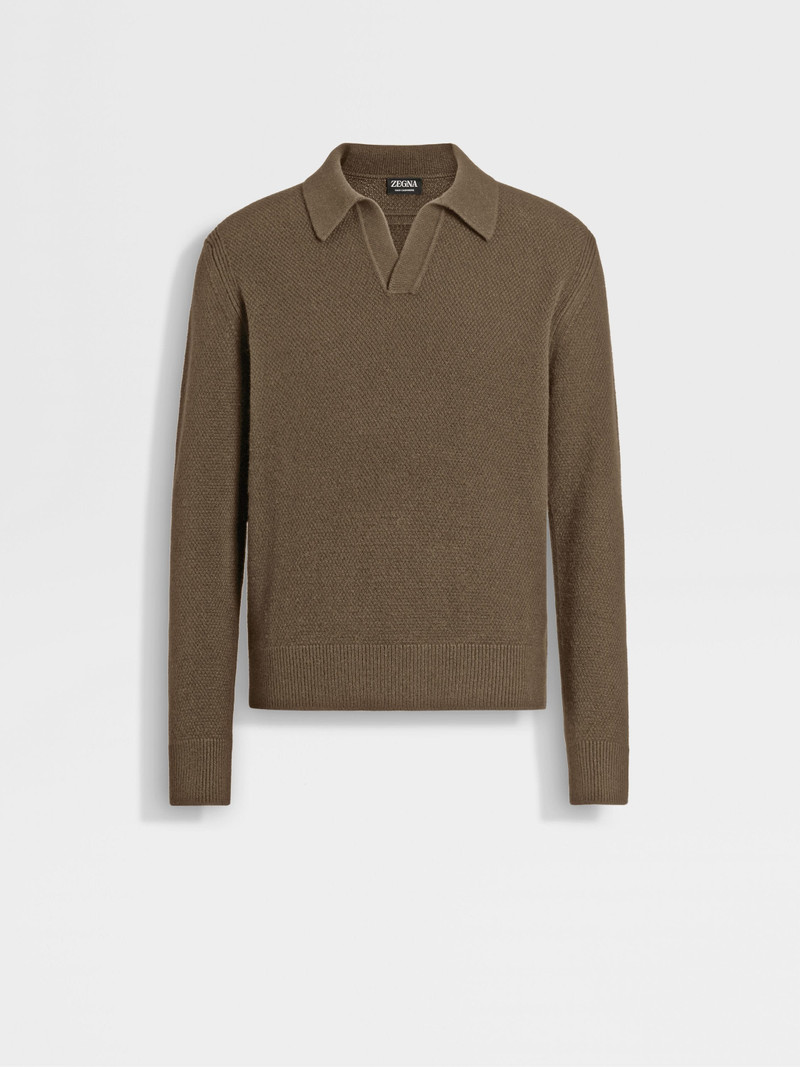 DARK KHAKI MÉLANGE OASI CASHMERE POLO SHIRT - 1