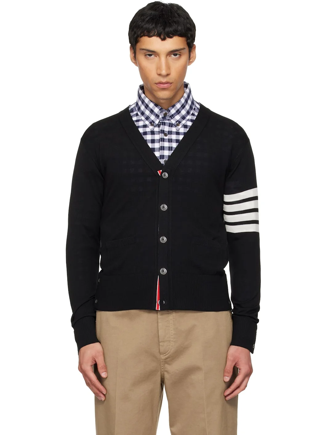 Black Merino Wool 4-Bar Classic V-Neck Cardigan - 1