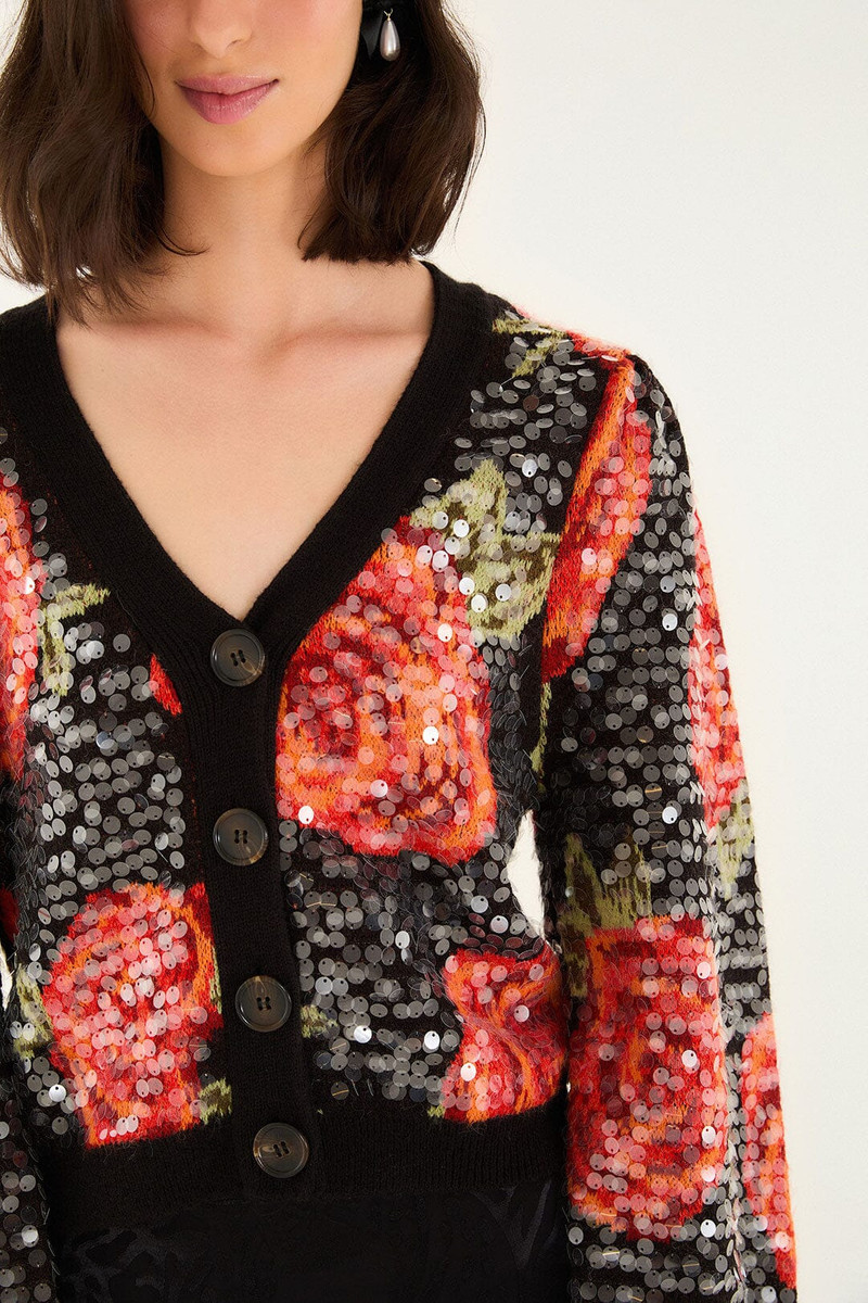 Black Latin Roses Buttoned Sequined Knit Cardigan 4