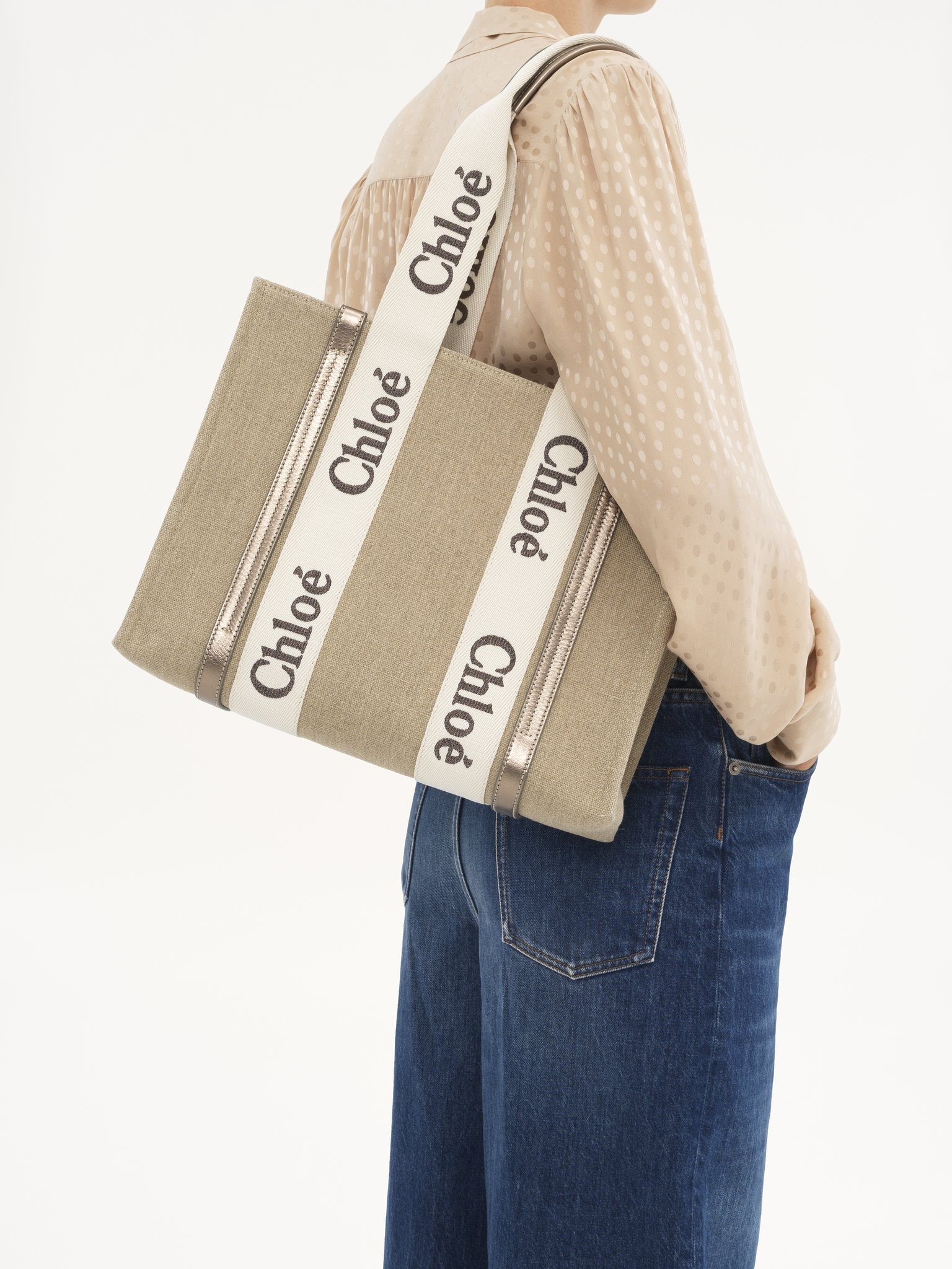 WOODY TOTE BAG IN LINEN & LEATHER - 2