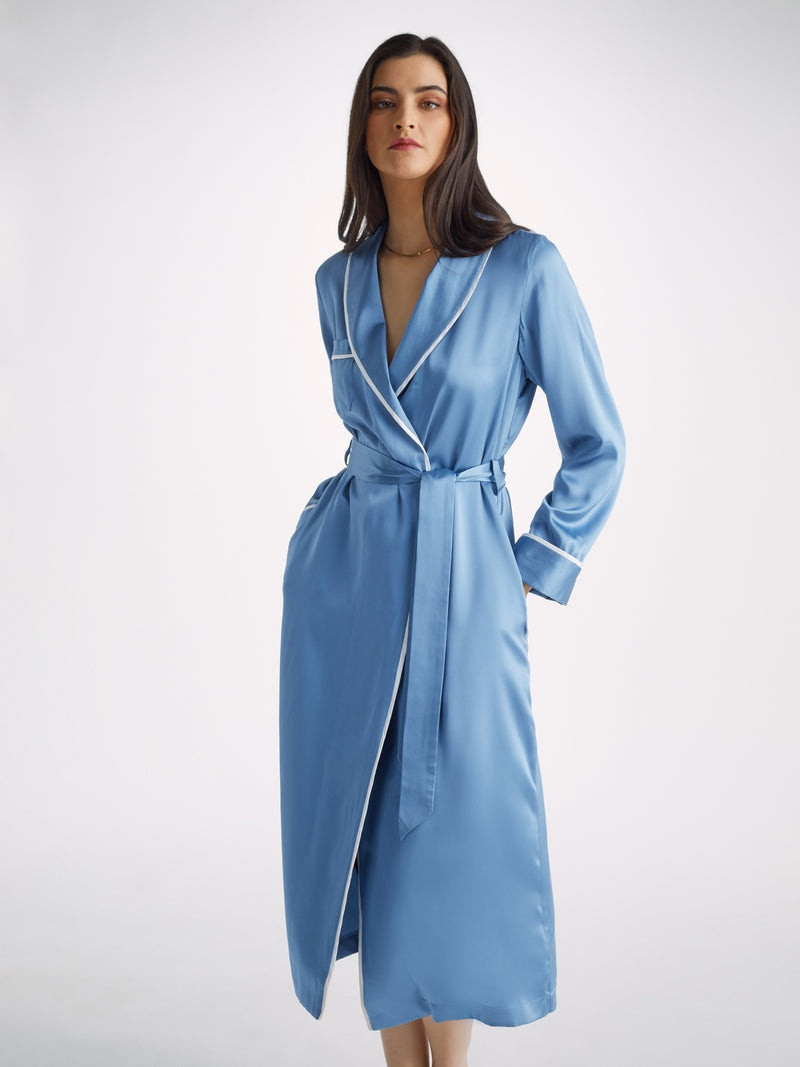 Derek Rose Women's Long Dressing Gown Bailey Silk Satin Soft Denim outlook