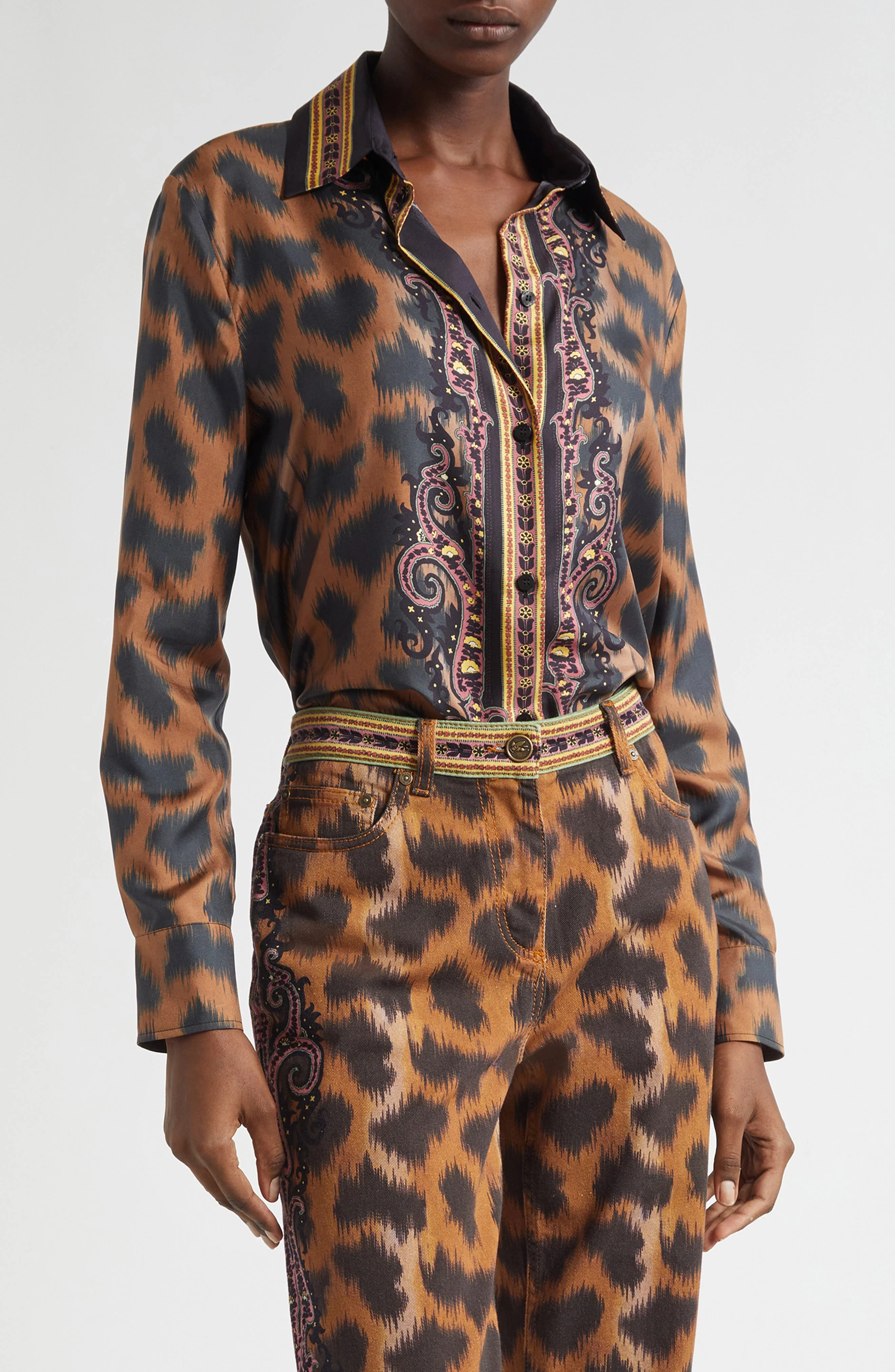 Etro Leopard Silk Twill Button-Up Shirt in Dark Brown at Nordstrom - 1