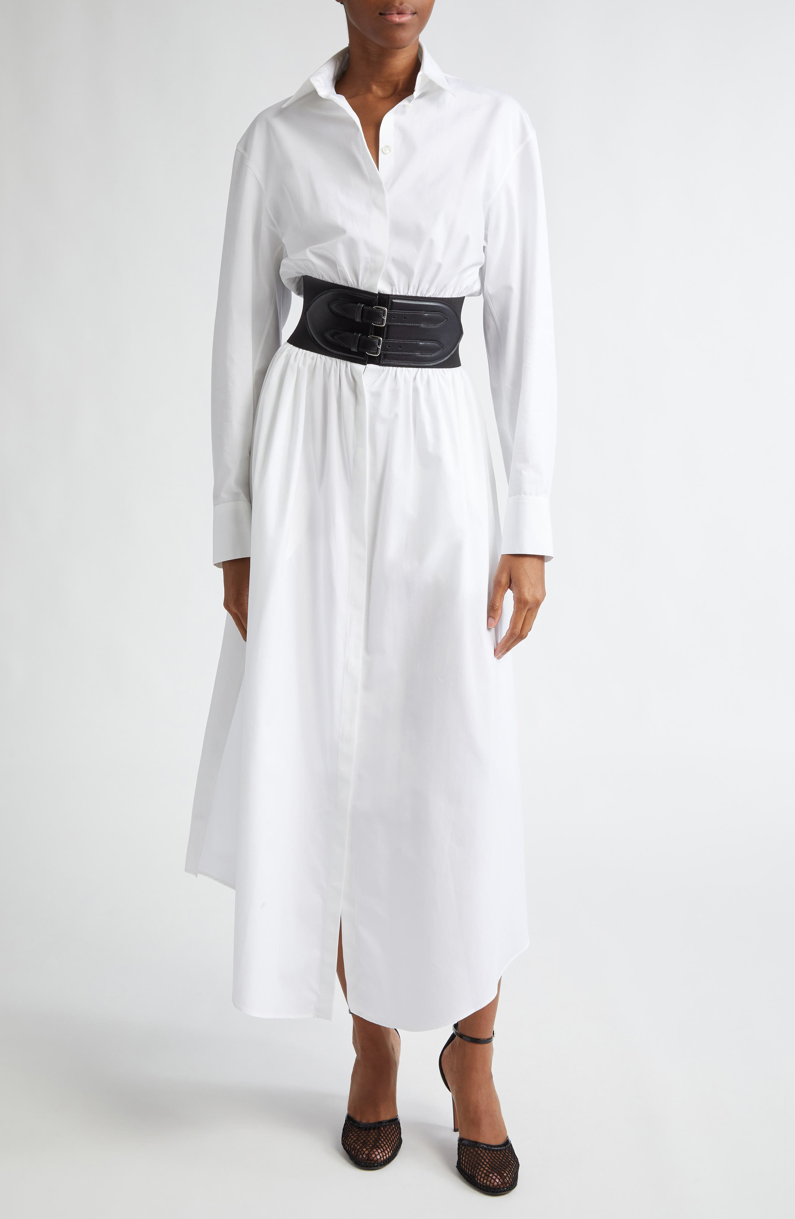 Alaïa Belted Long Sleeve Cotton Poplin Shirtdress in Blanc at Nordstrom - 1