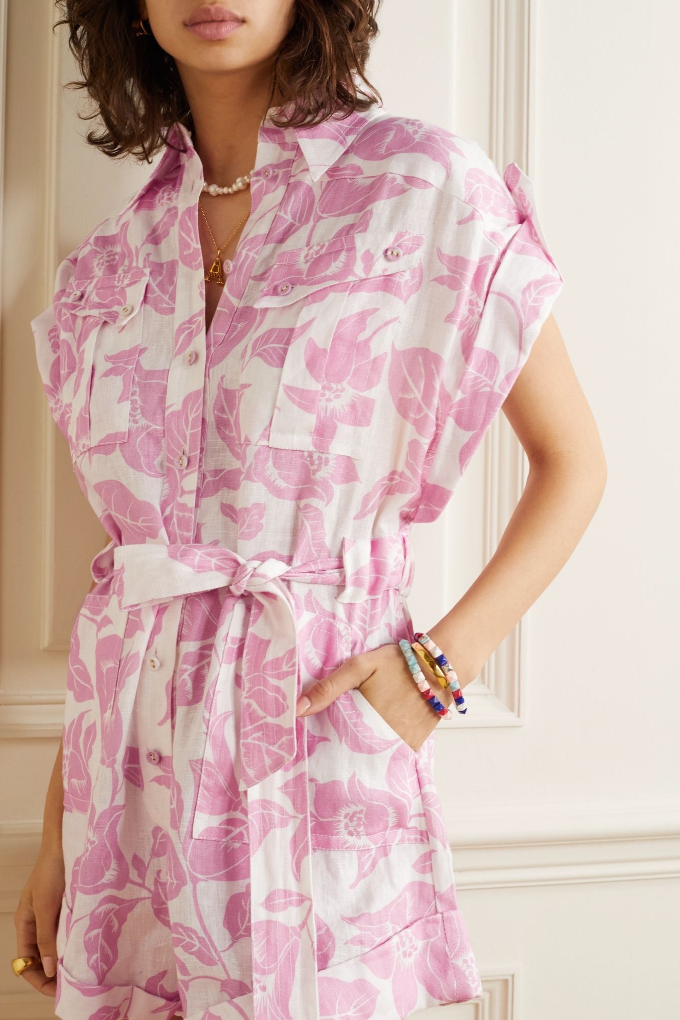 Bells belted printed linen playsuit - 3