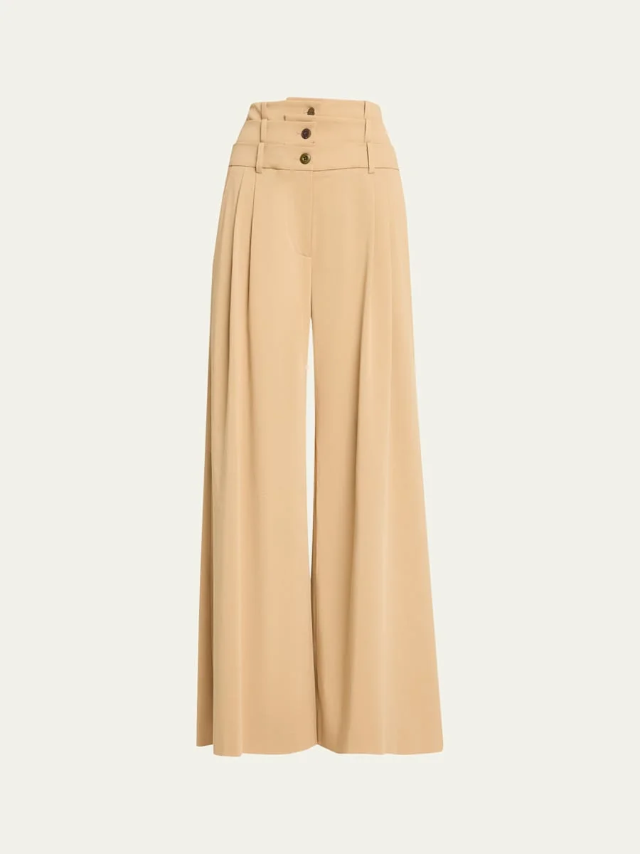 Triple Waistband Pleated Wide-Leg Trousers - 1