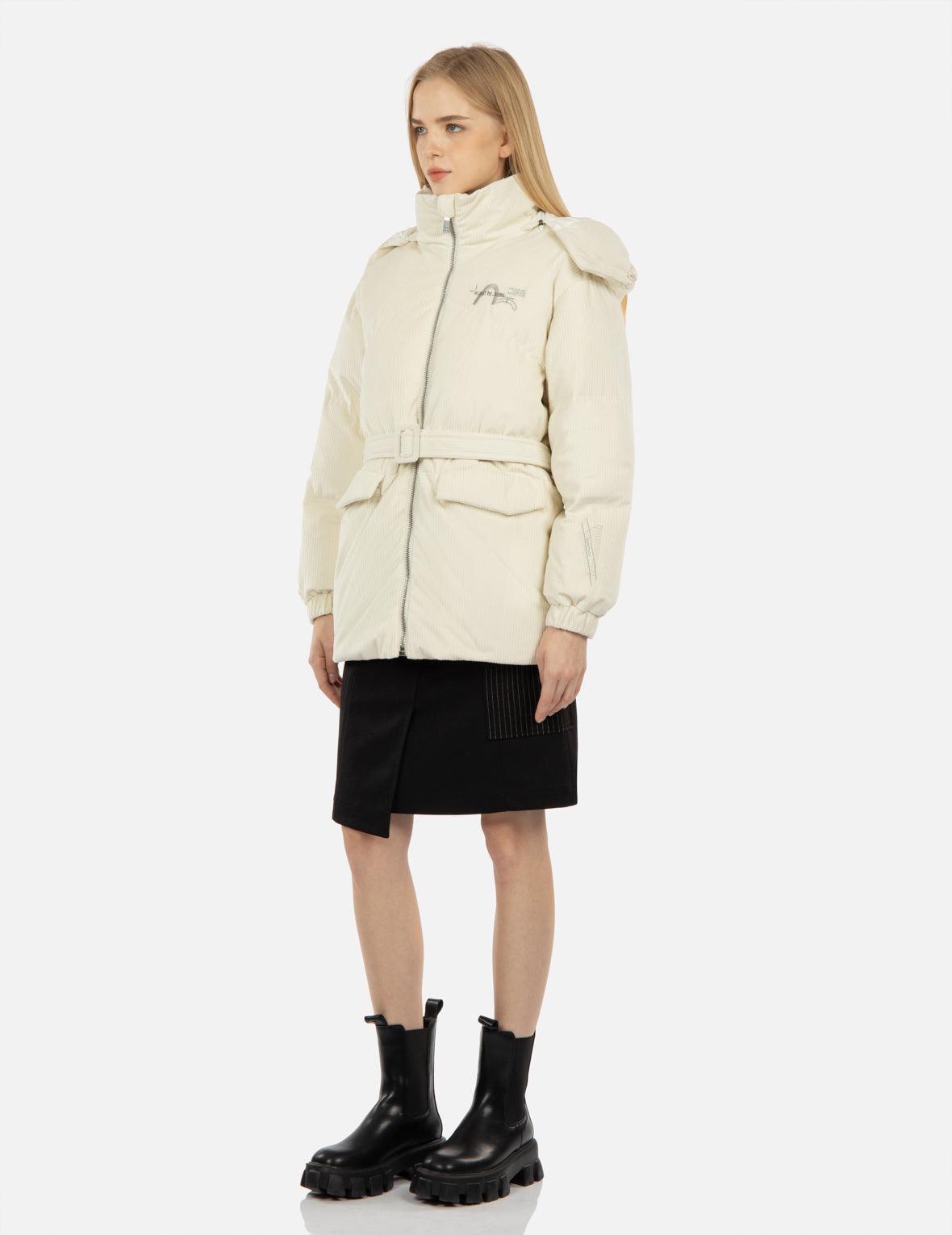 Seagull Embroidery Corduroy Belted Down Jacket - 3