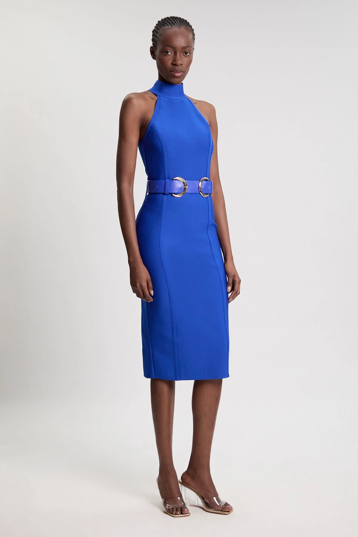 Bandage High Neck Buckle Trim Midi Dress - 1