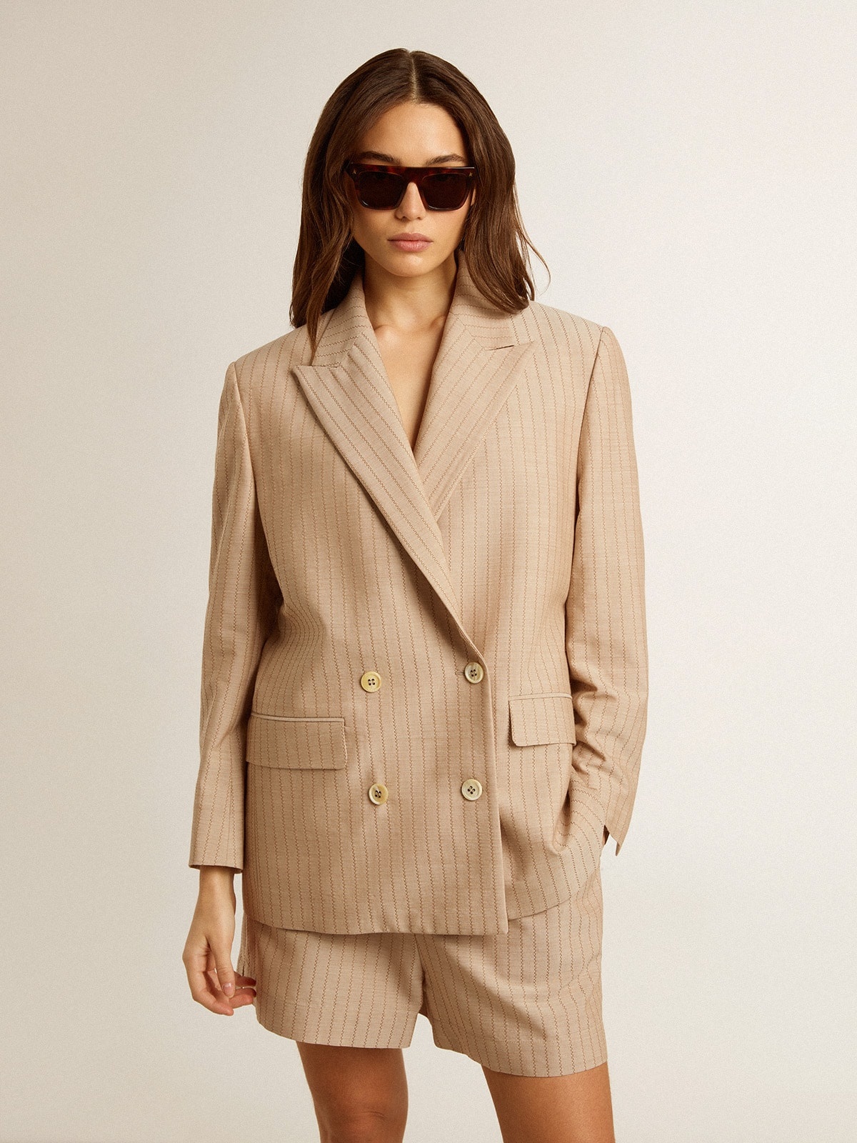 Women’s dark beige double-breasted blazer with button fastening - 2
