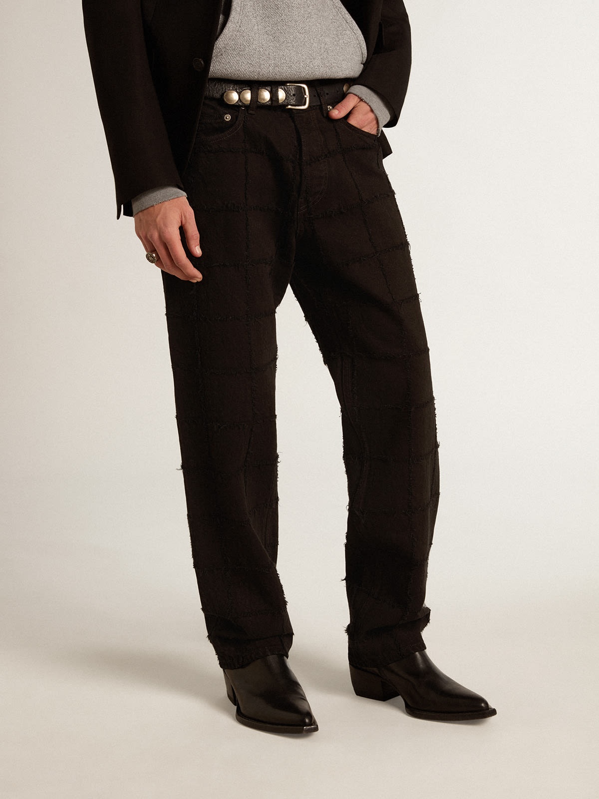 Black cotton pants with 3D-effect checked pattern - 2