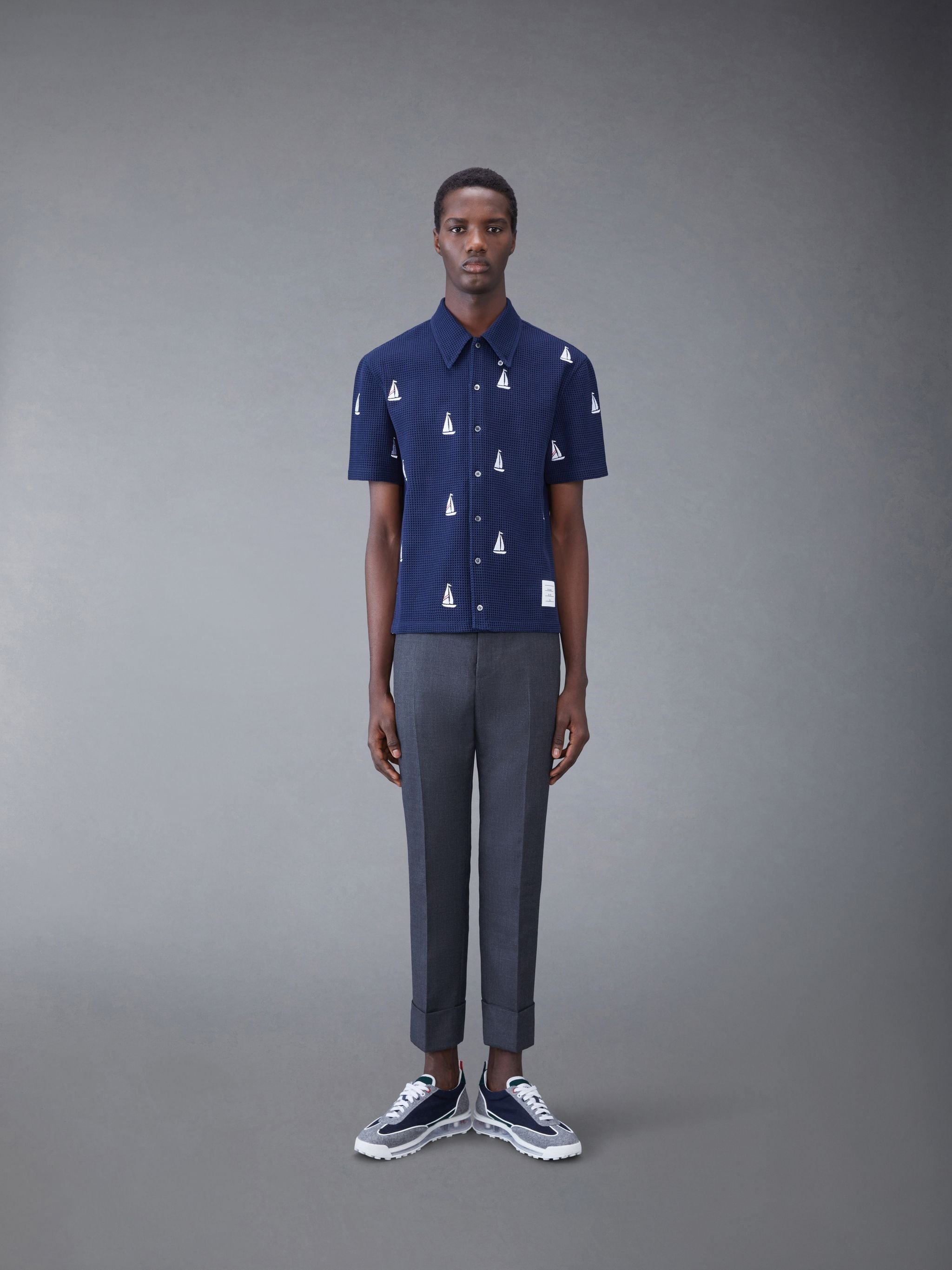 Textured Check Whale and Sailboat Short Sleeve Shirt - 3