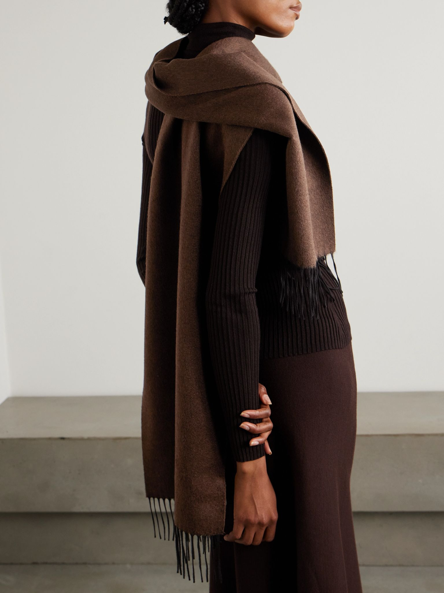 Blaine fringed silk and cashmere-blend scarf Chocolate - 2