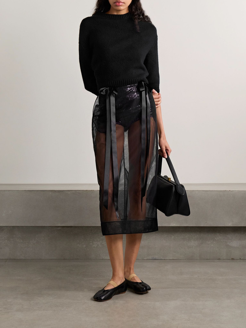 Simone Rocha Bow-embellished satin-trimmed tulle midi skirt Black outlook