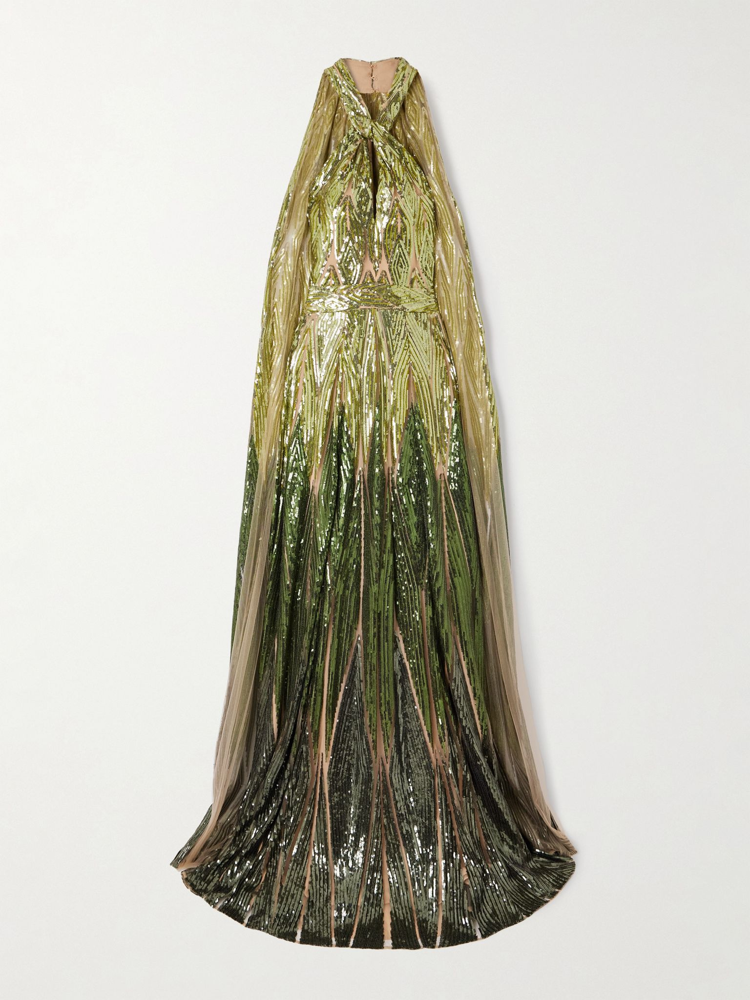 Cape-effect embroidered sequined tulle halterneck gown Green - 1
