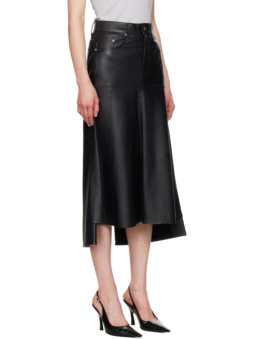 Black Panelled Flare Leather Midi Skirt - 2