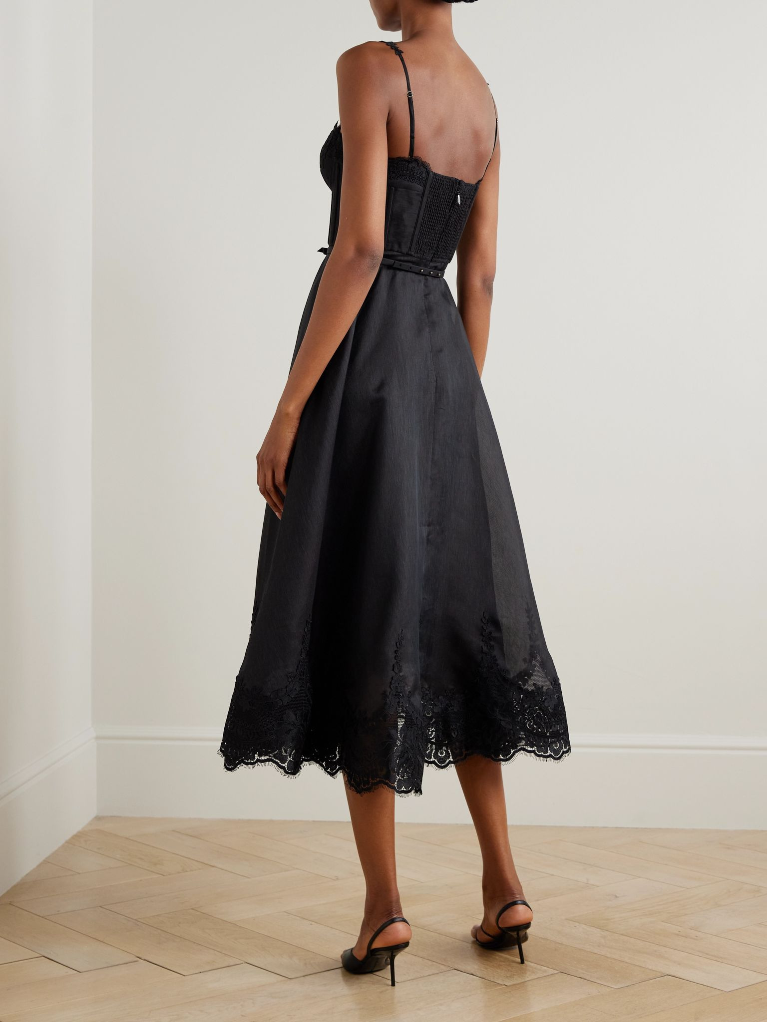 Hypnotic Picnic belted lace-trimmed linen and silk-blend midi dress Black - 3