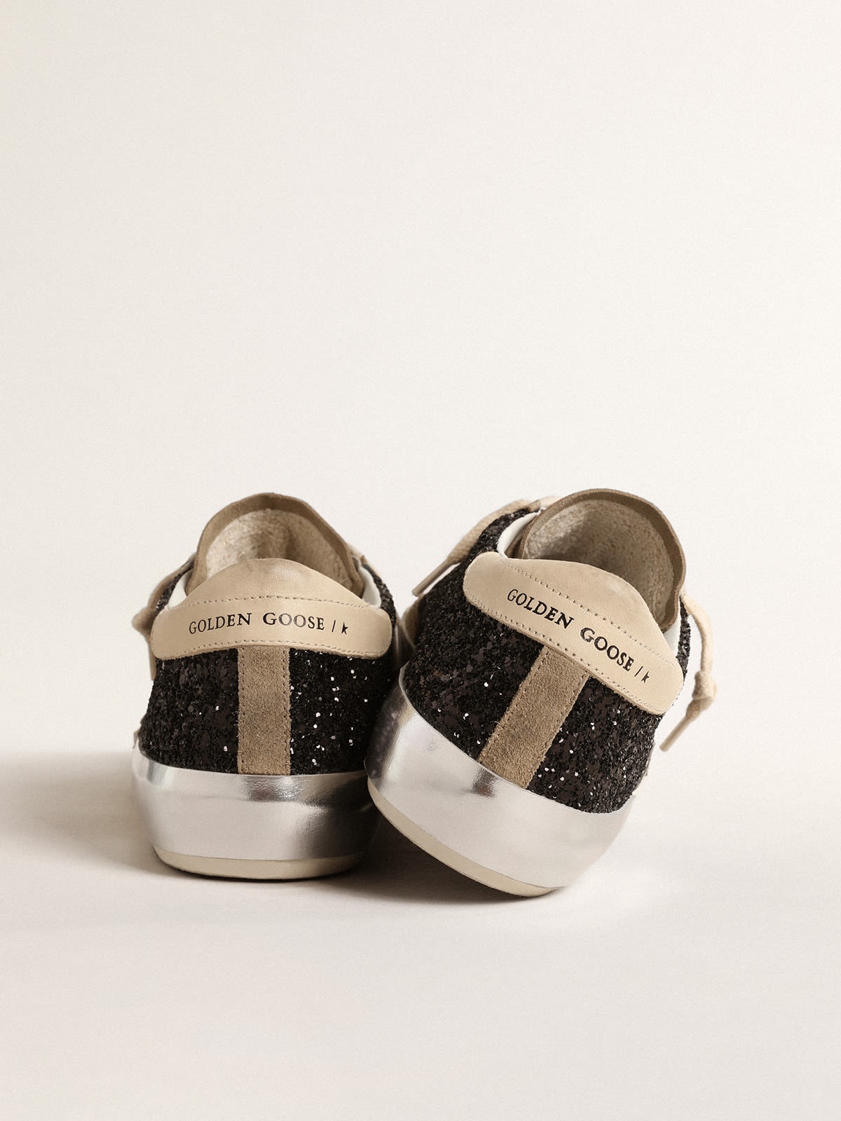 Golden Goose Super-Star in black glitter with cream star and suede inserts  | REVERSIBLE