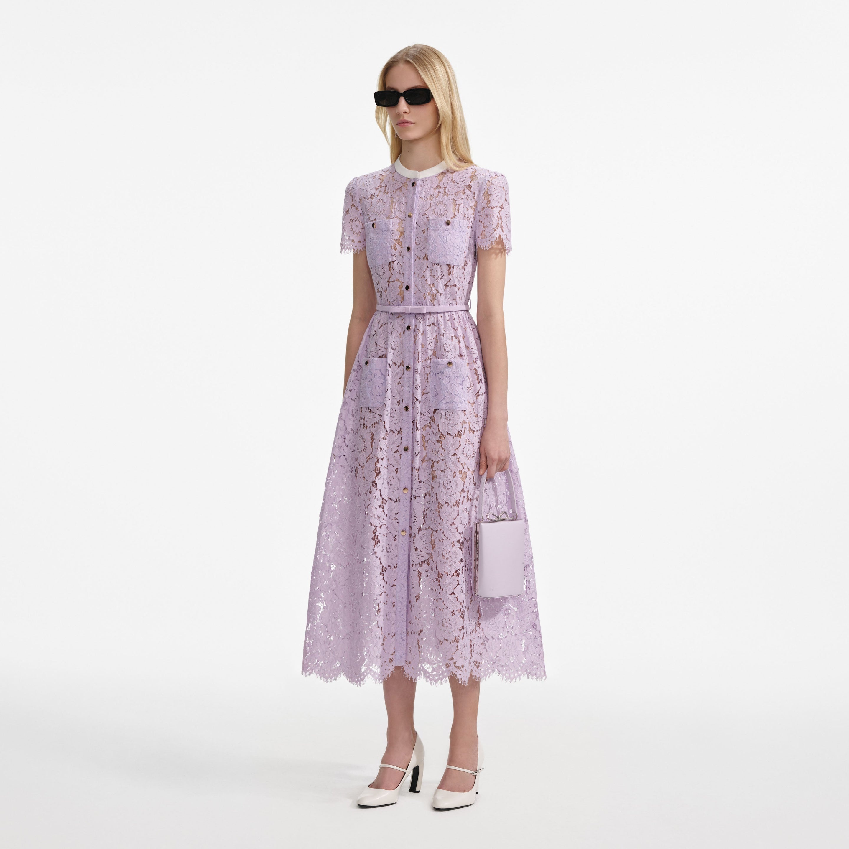 Lilac Lace Button Front Midi Dress - 2