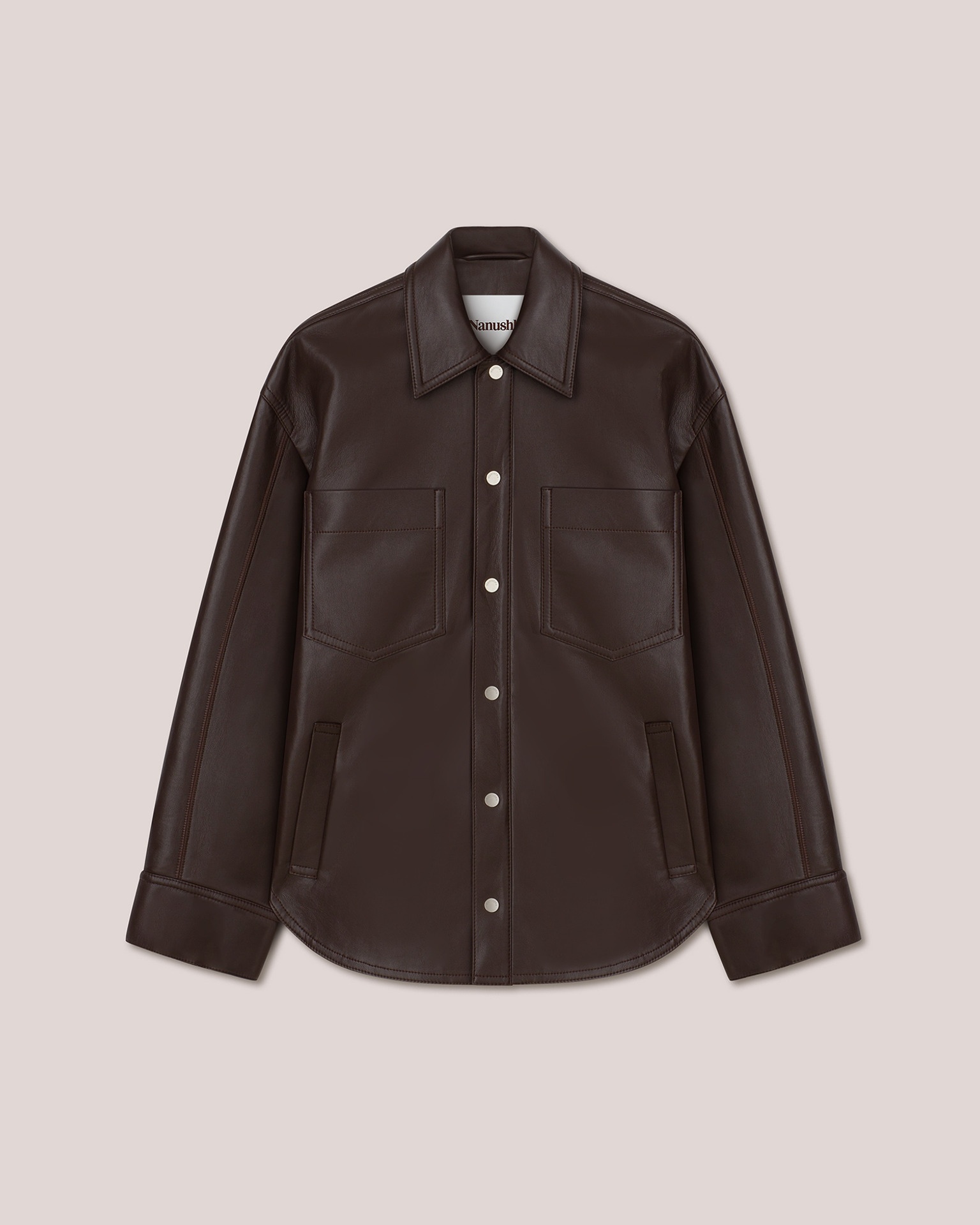 KIORA - Regenerated leather overshirt with contrast knitted collar - Dark Brown - 1