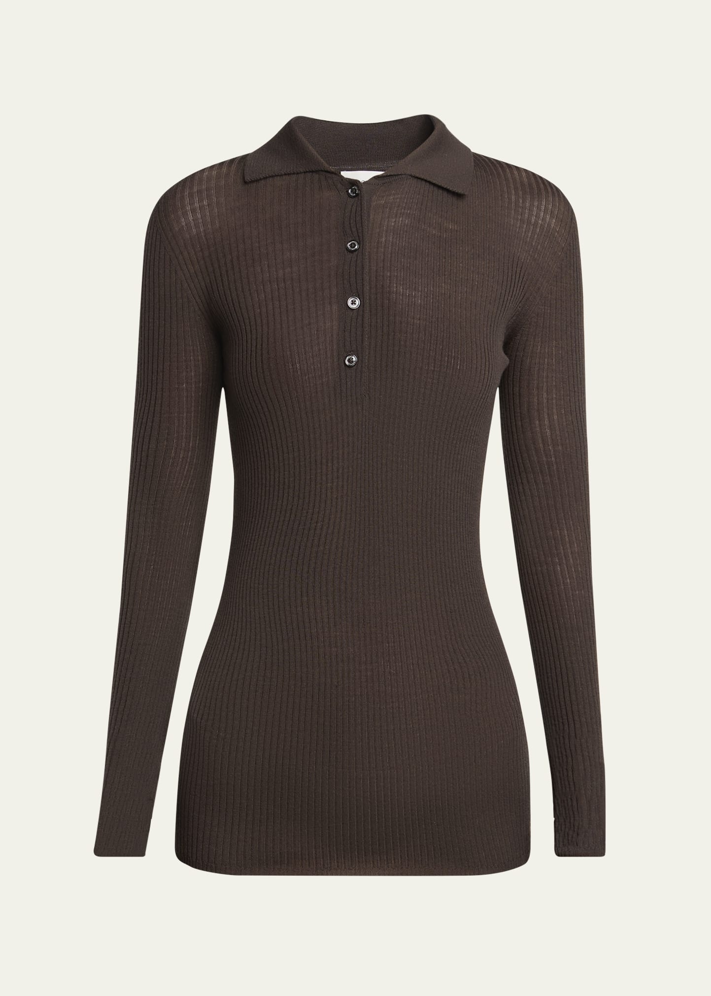 Long-Sleeve Fine Rib Polo Top - 1