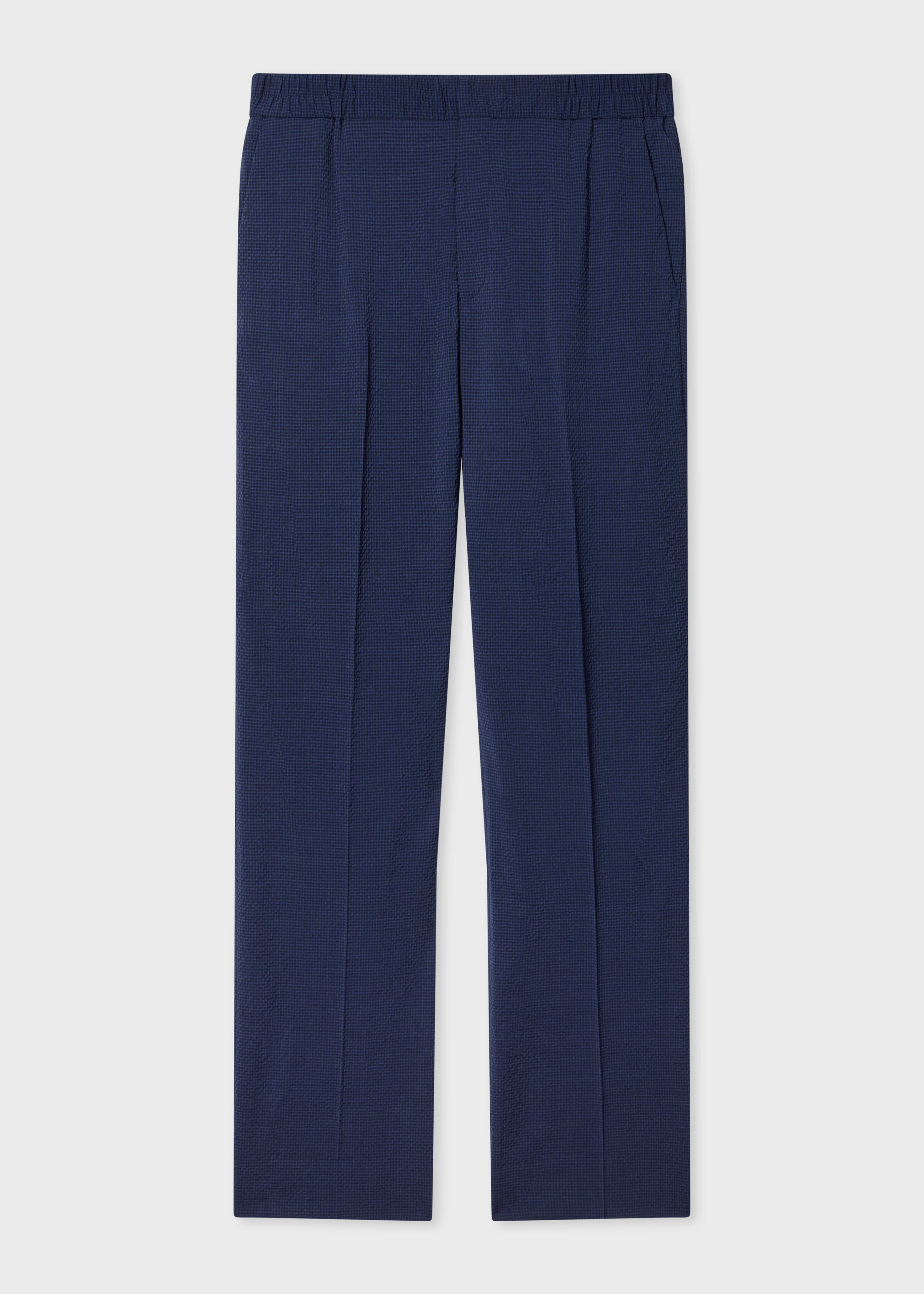 Navy Stretch-Wool Seersucker Check Elasticated-Waist Trousers - 1