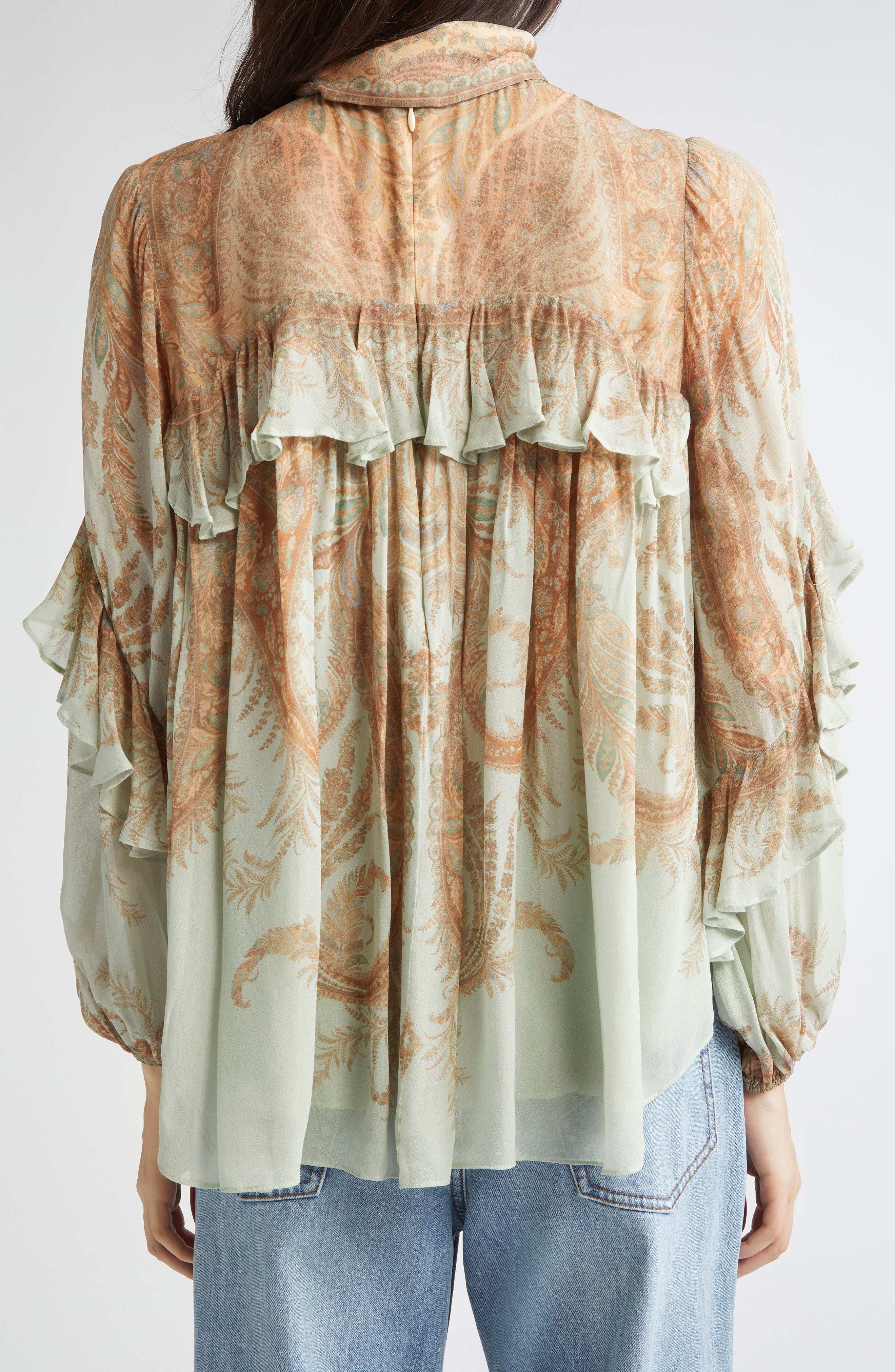 Zimmermann Memento Flutter Paisley Pussy Bow Top in Mint Paisley at Nordstrom - 3